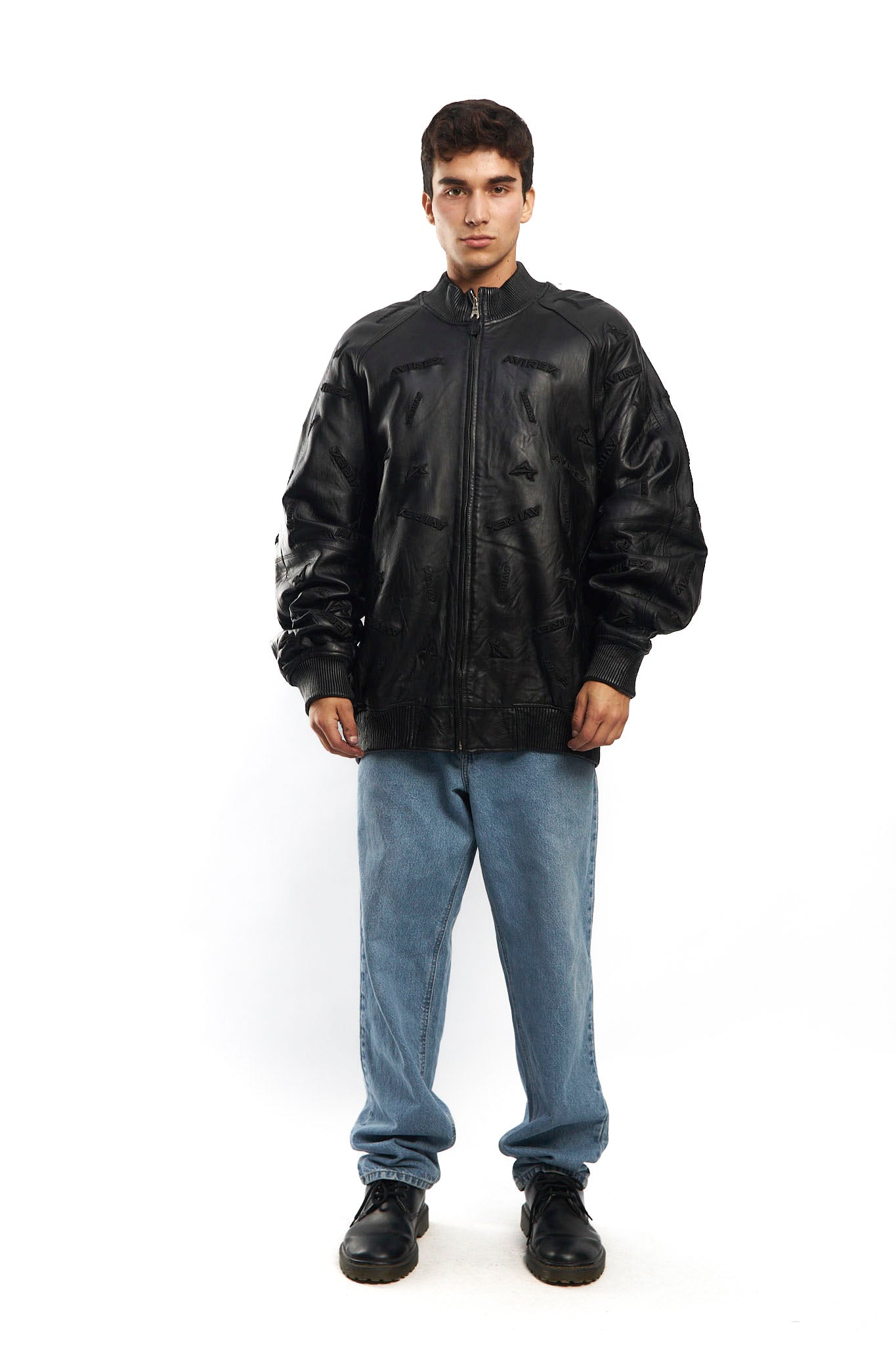 2000 Avirex Full Logo Black Leather Jacket (XL/XXL)