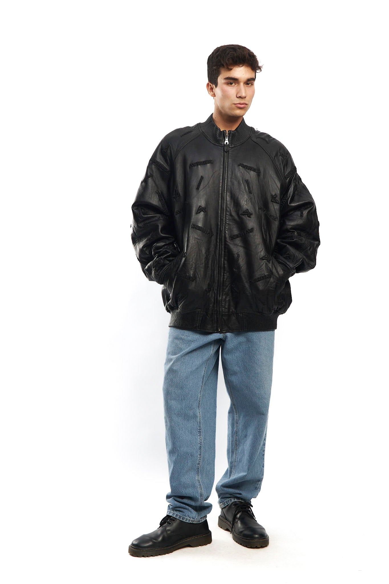2000 Avirex Full Logo Black Leather Jacket (XL/XXL)