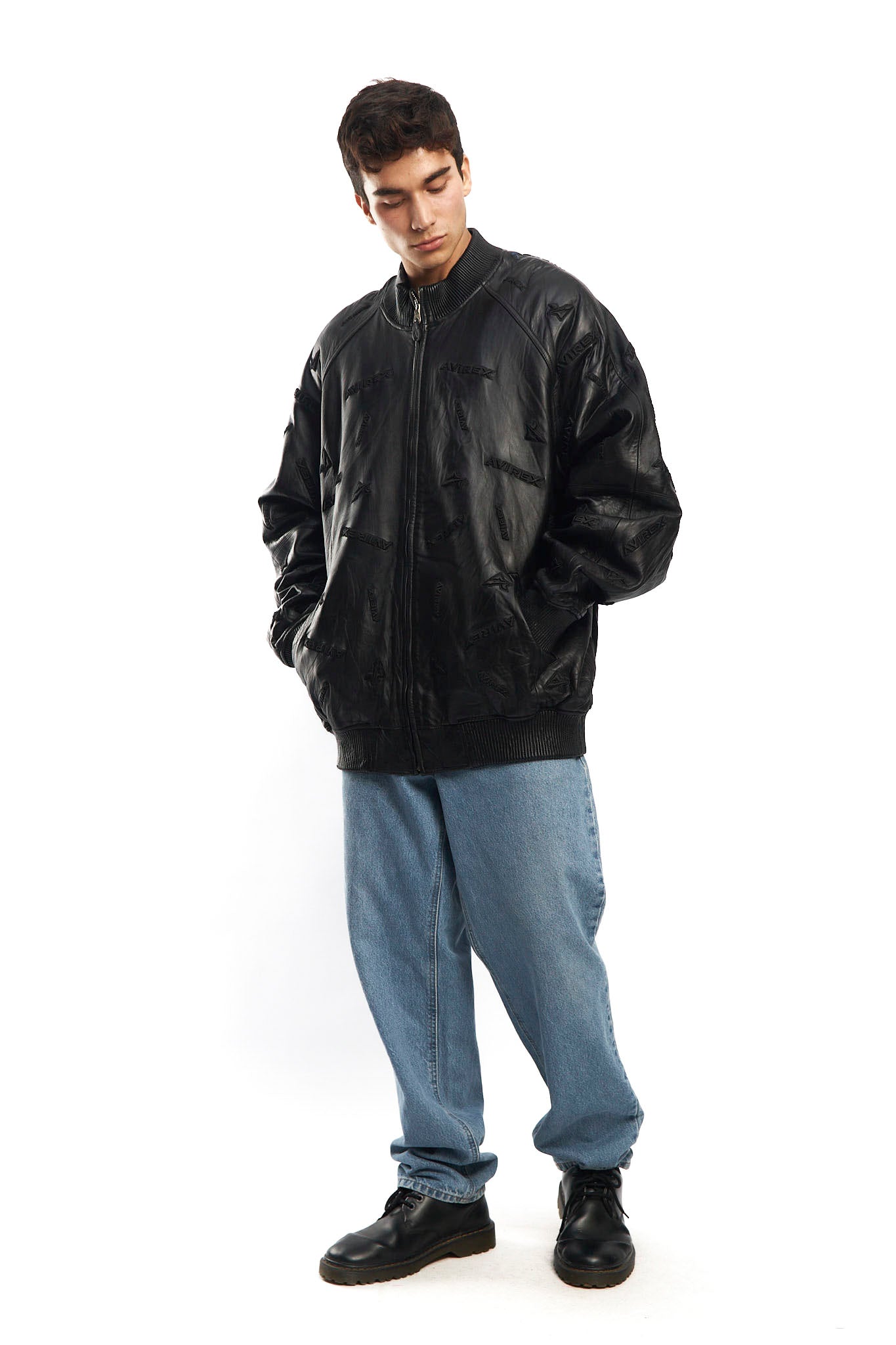 2000 Avirex Full Logo Black Leather Jacket (XL/XXL)