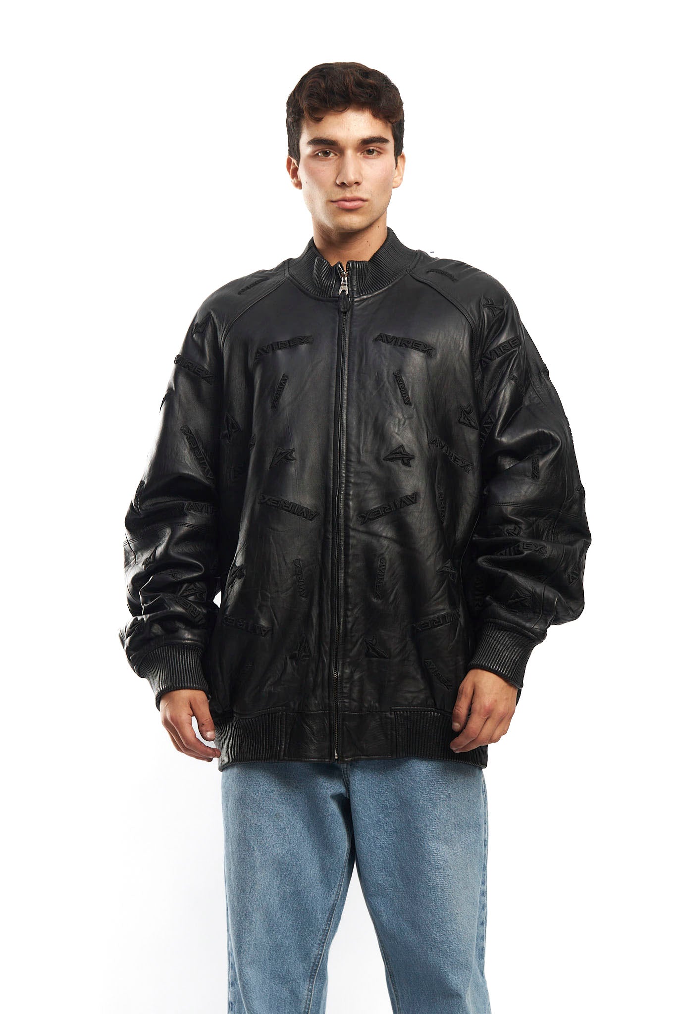 2000 Avirex Full Logo Black Leather Jacket (XL/XXL)