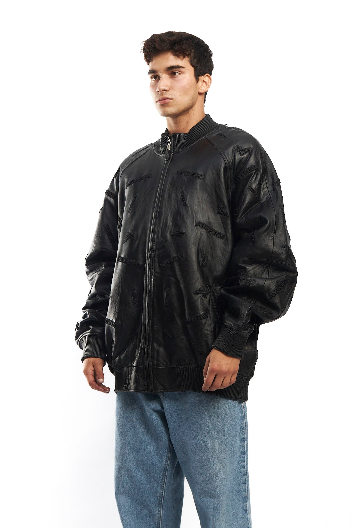 2000 Avirex Full Logo Black Leather Jacket (XL/XXL)