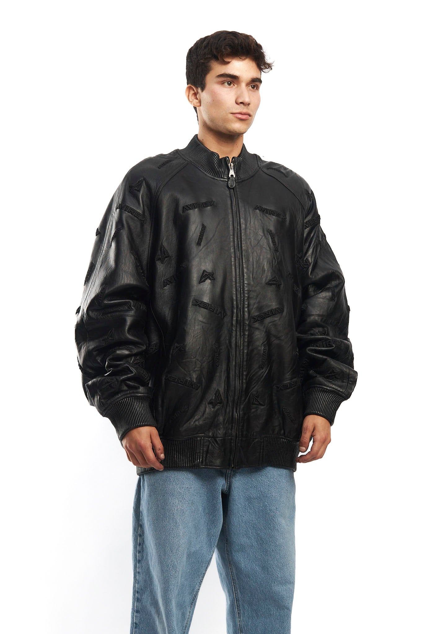 2000 Avirex Full Logo Black Leather Jacket (XL/XXL)