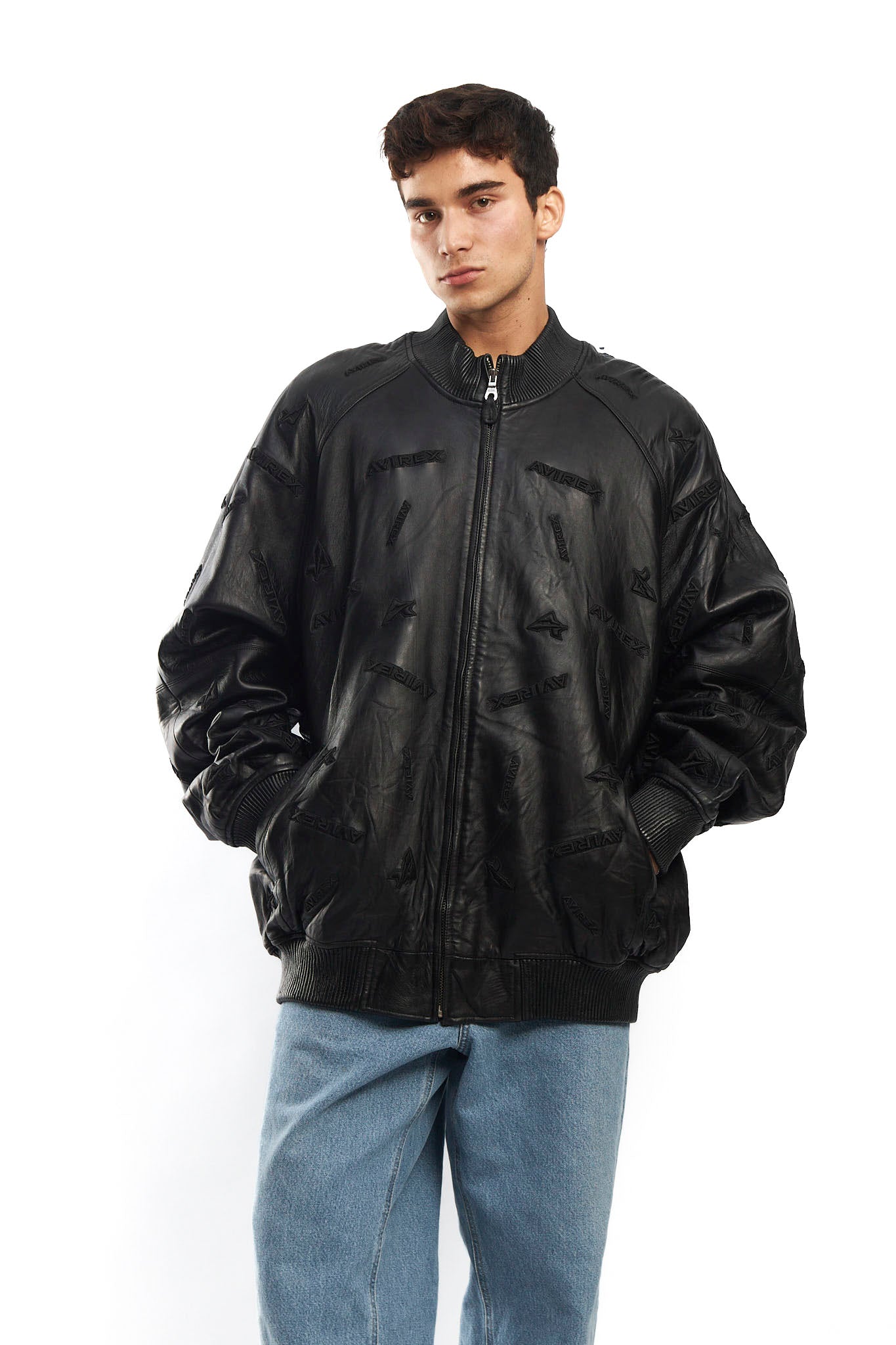 2000 Avirex Full Logo Black Leather Jacket (XL/XXL)