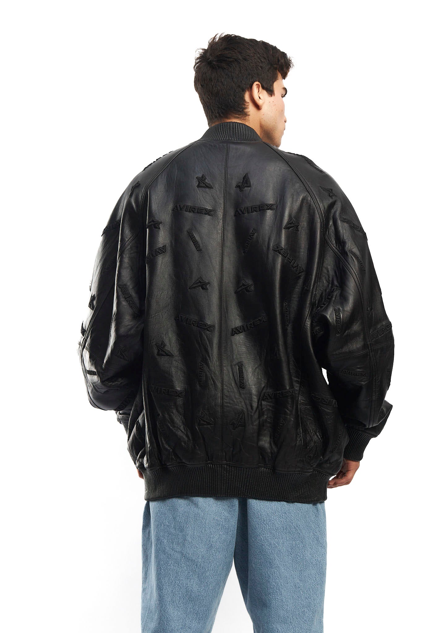 2000 Avirex Full Logo Black Leather Jacket (XL/XXL)