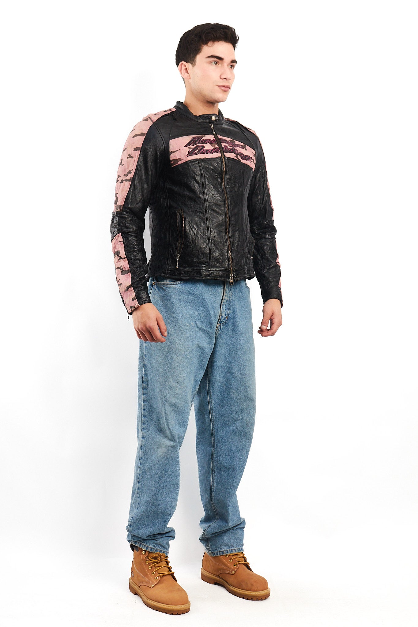 2000 Vintage Harley Davidson Camo Leather Moto Jacket (S/M)
