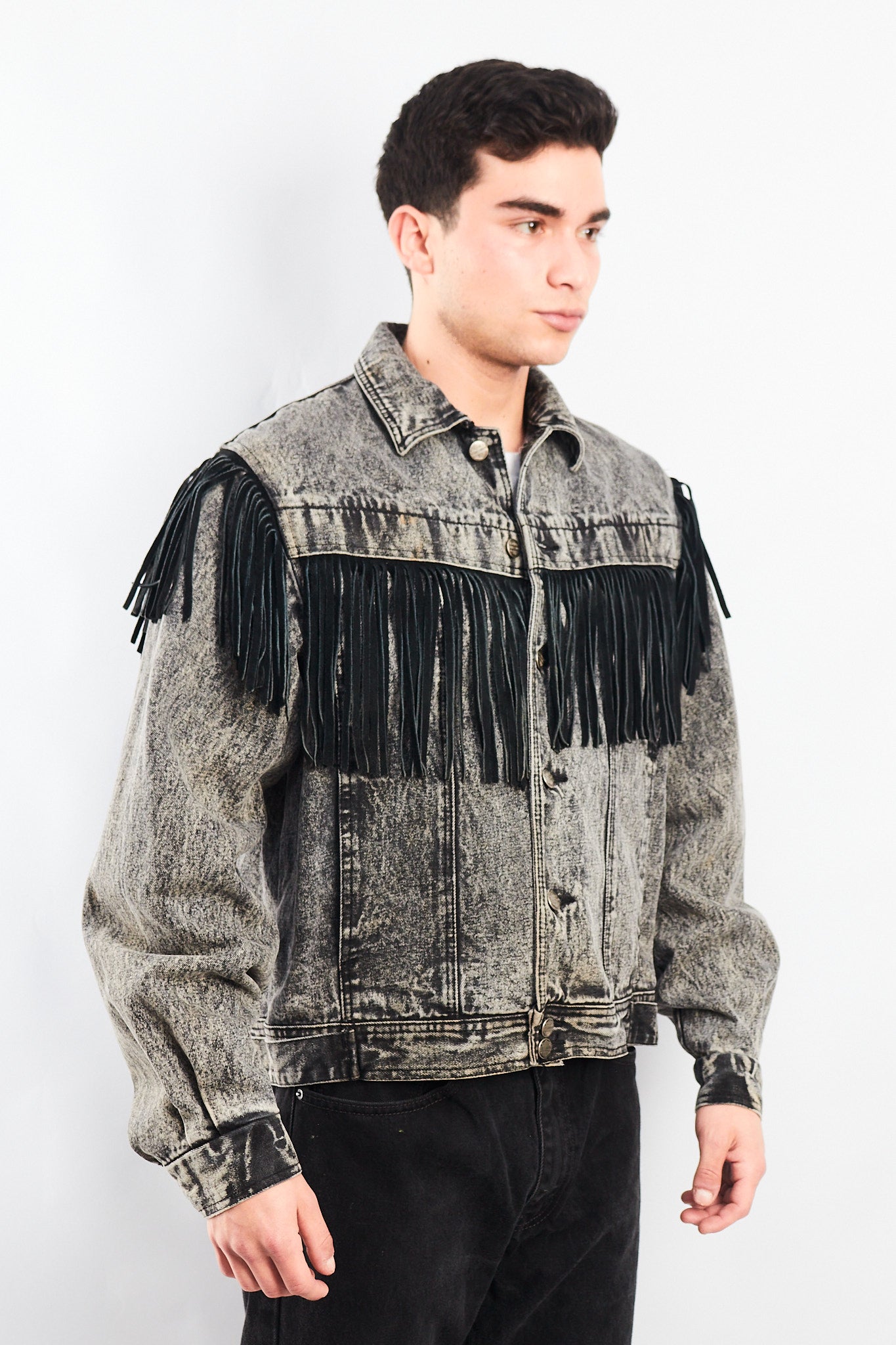 1980 Vintage Harley Davidson Acid Wash Fringe Denim Jacket (M/L)