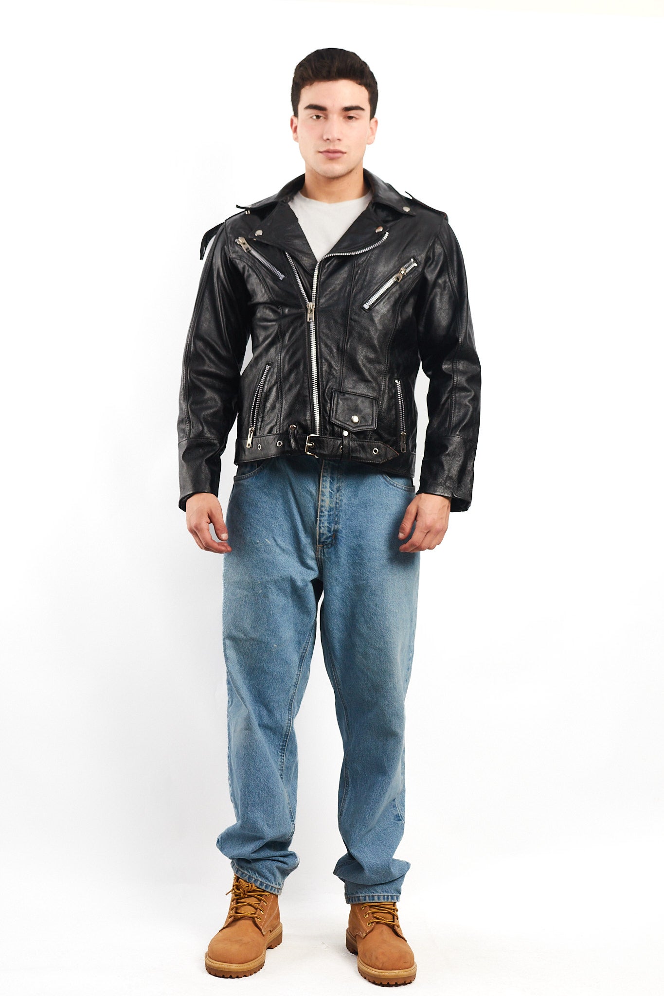 Vintage Heavy Leather Biker Jacket (M)