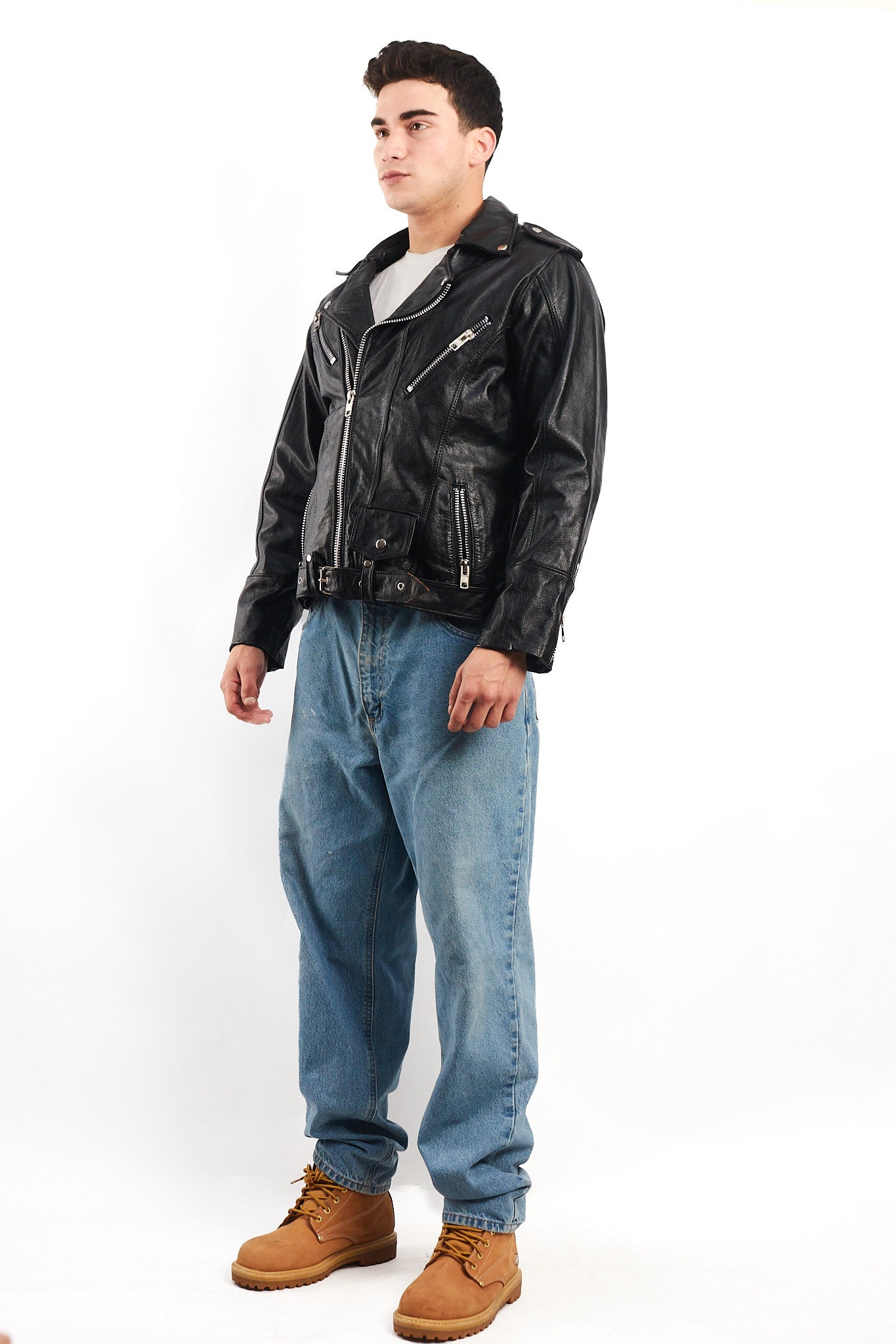 Vintage Heavy Leather Biker Jacket (M)