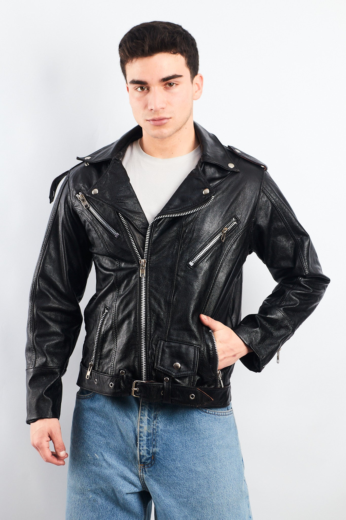 Vintage Heavy Leather Biker Jacket (M)