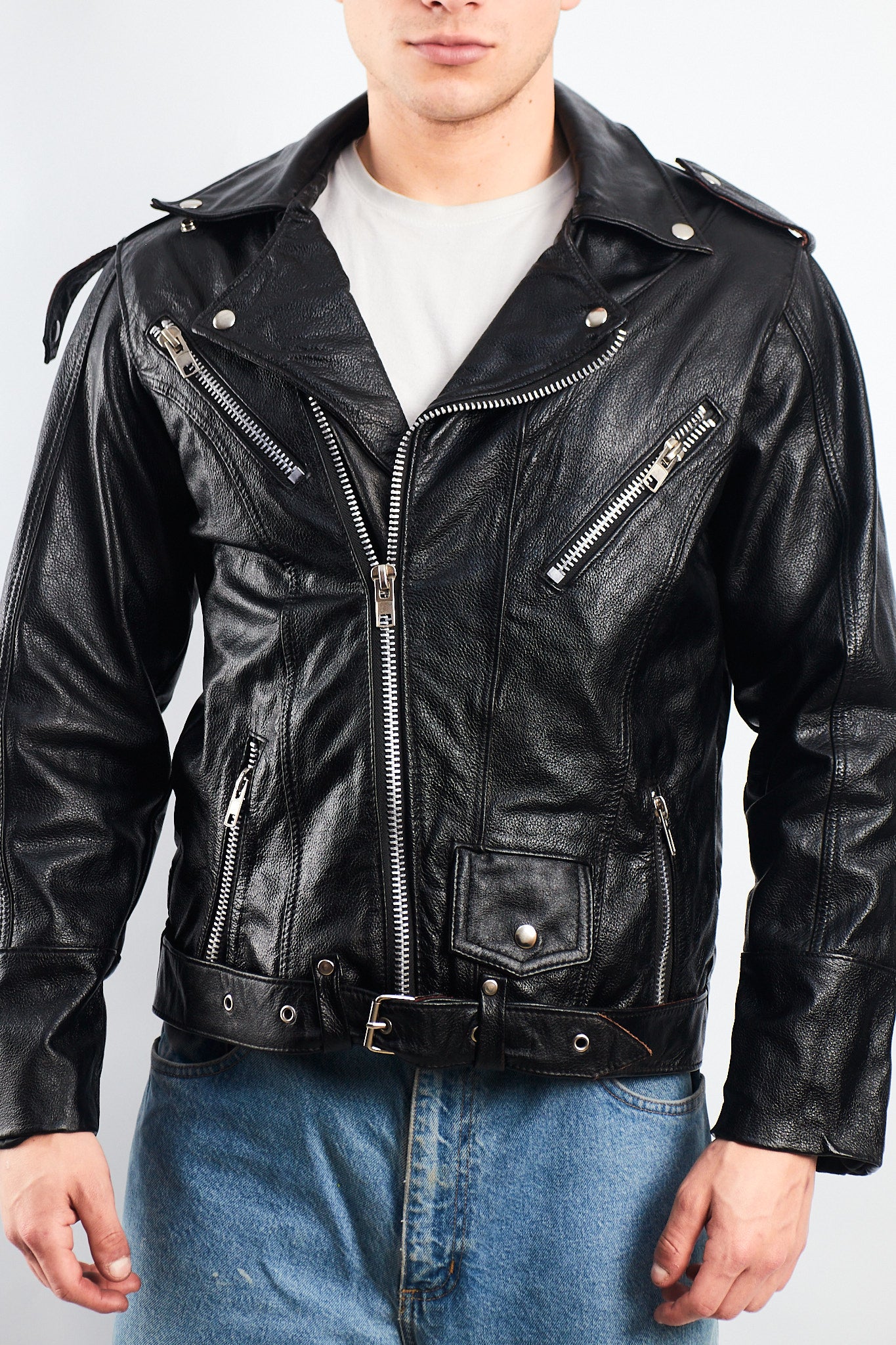 Vintage Heavy Leather Biker Jacket (M)
