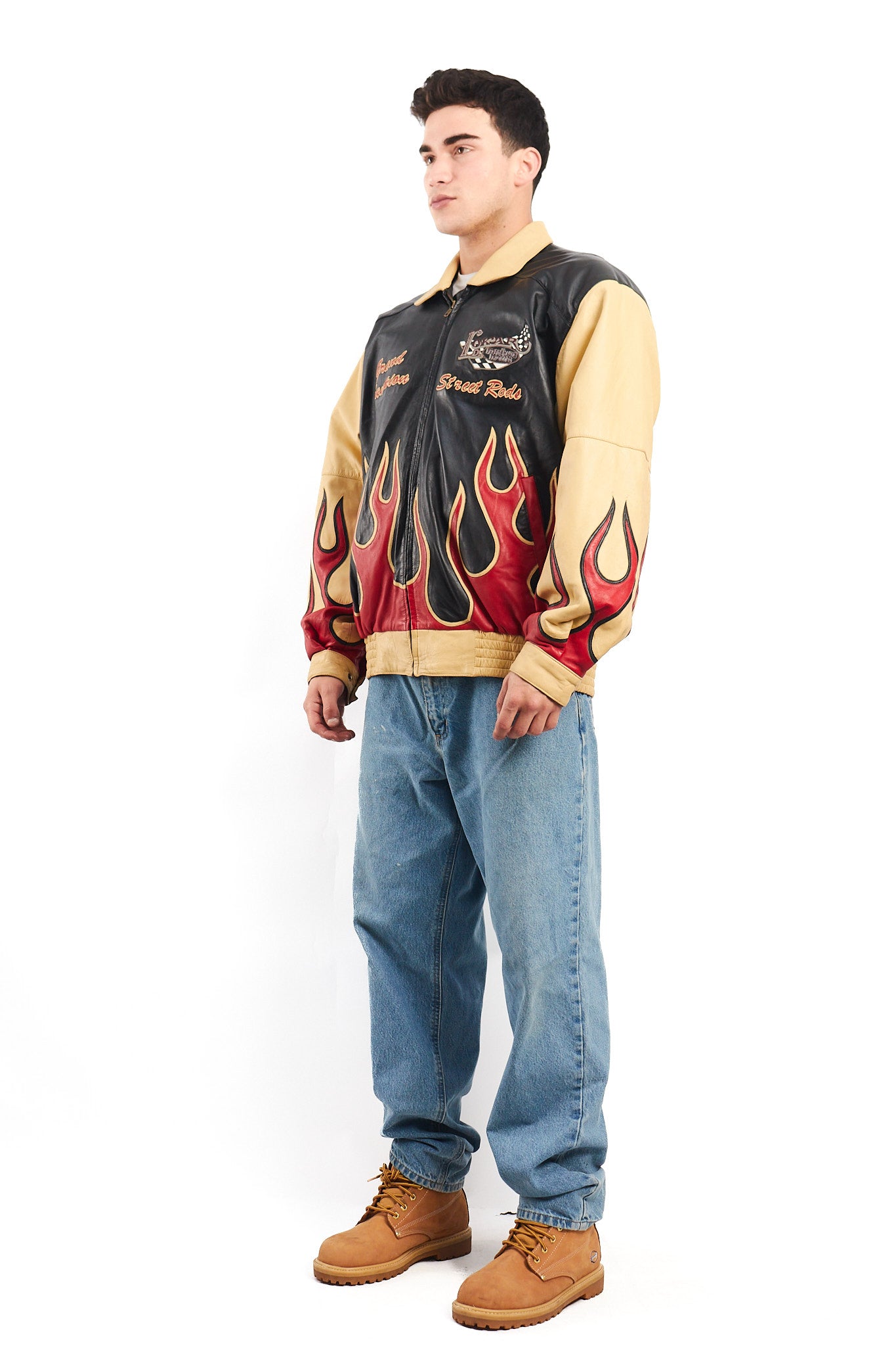 2000 Vintage Auto Expo Flames Leather Jacket (L/XL)
