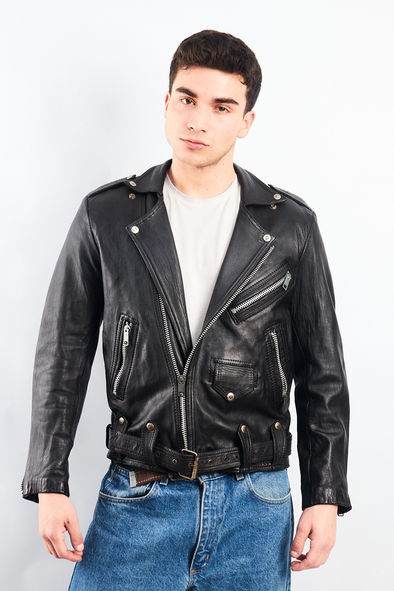 1990 Robert Talbott Leather Biker Jacket (S/M)