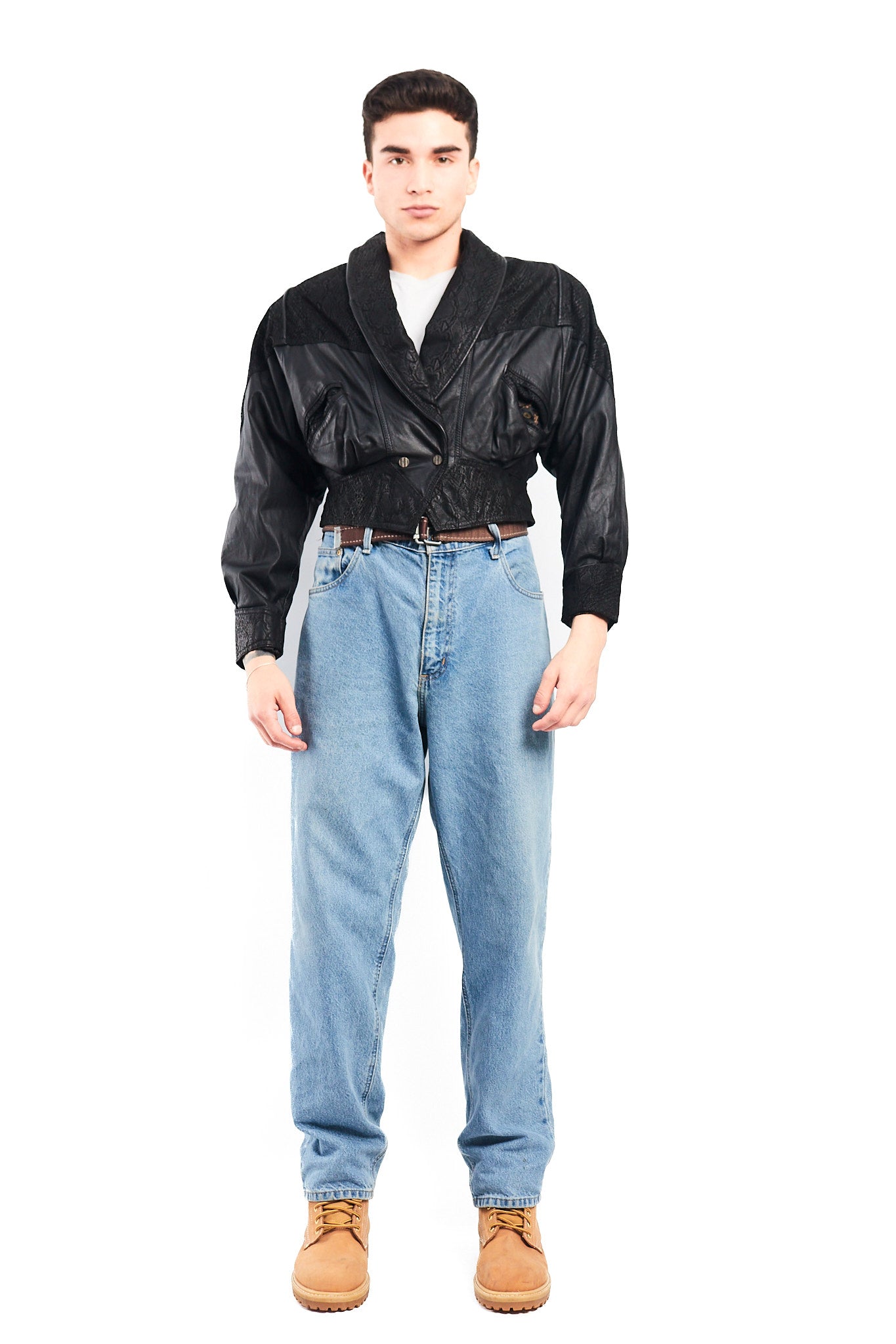 1990 Chia Leather Animal Print Crop Bomber Jacket (XS)