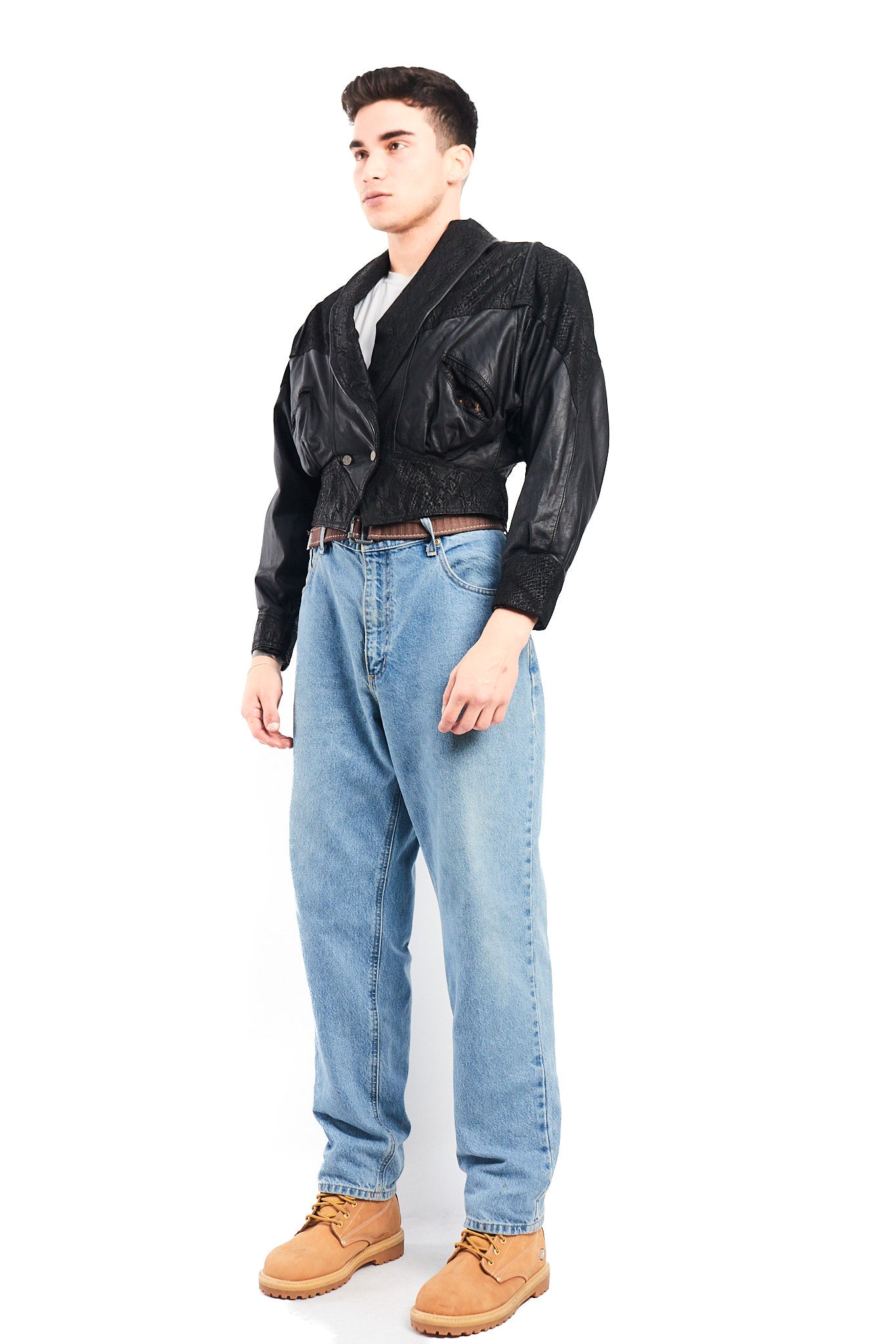 1990 Chia Leather Animal Print Crop Bomber Jacket (XS)