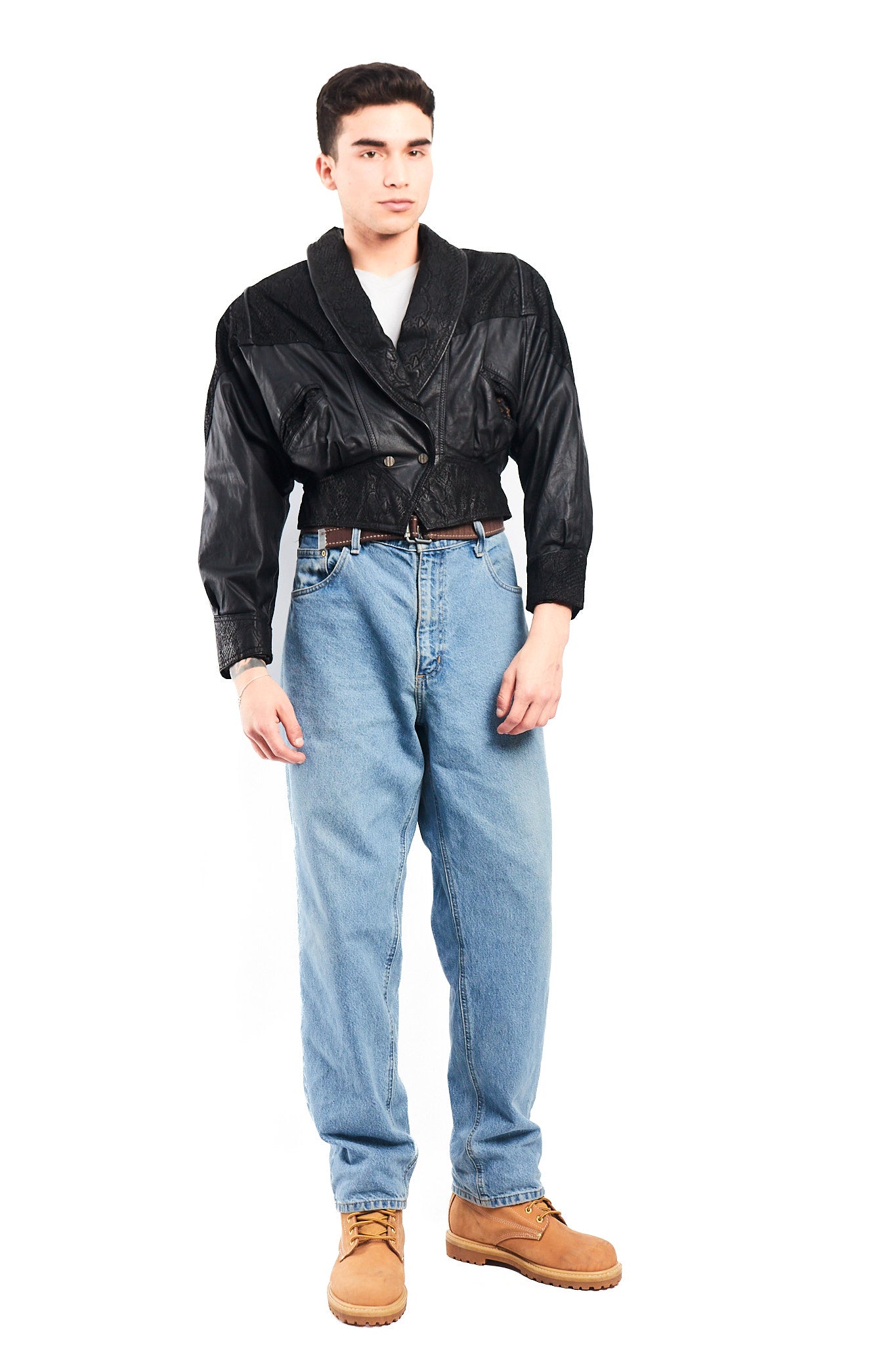1990 Chia Leather Animal Print Crop Bomber Jacket (XS)