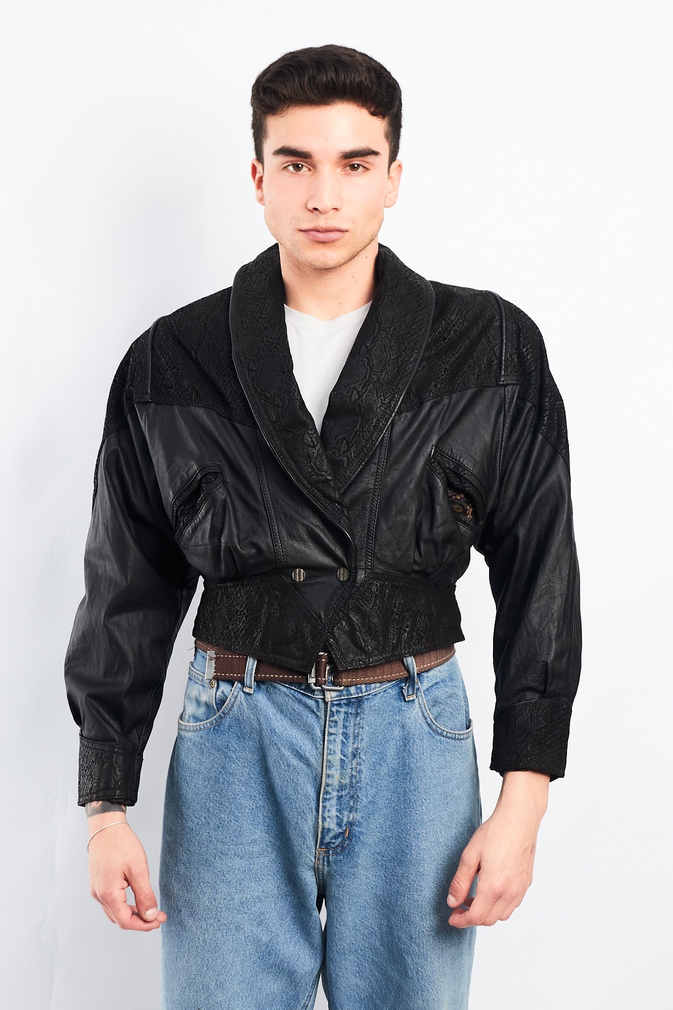 1990 Chia Leather Animal Print Crop Bomber Jacket (XS)