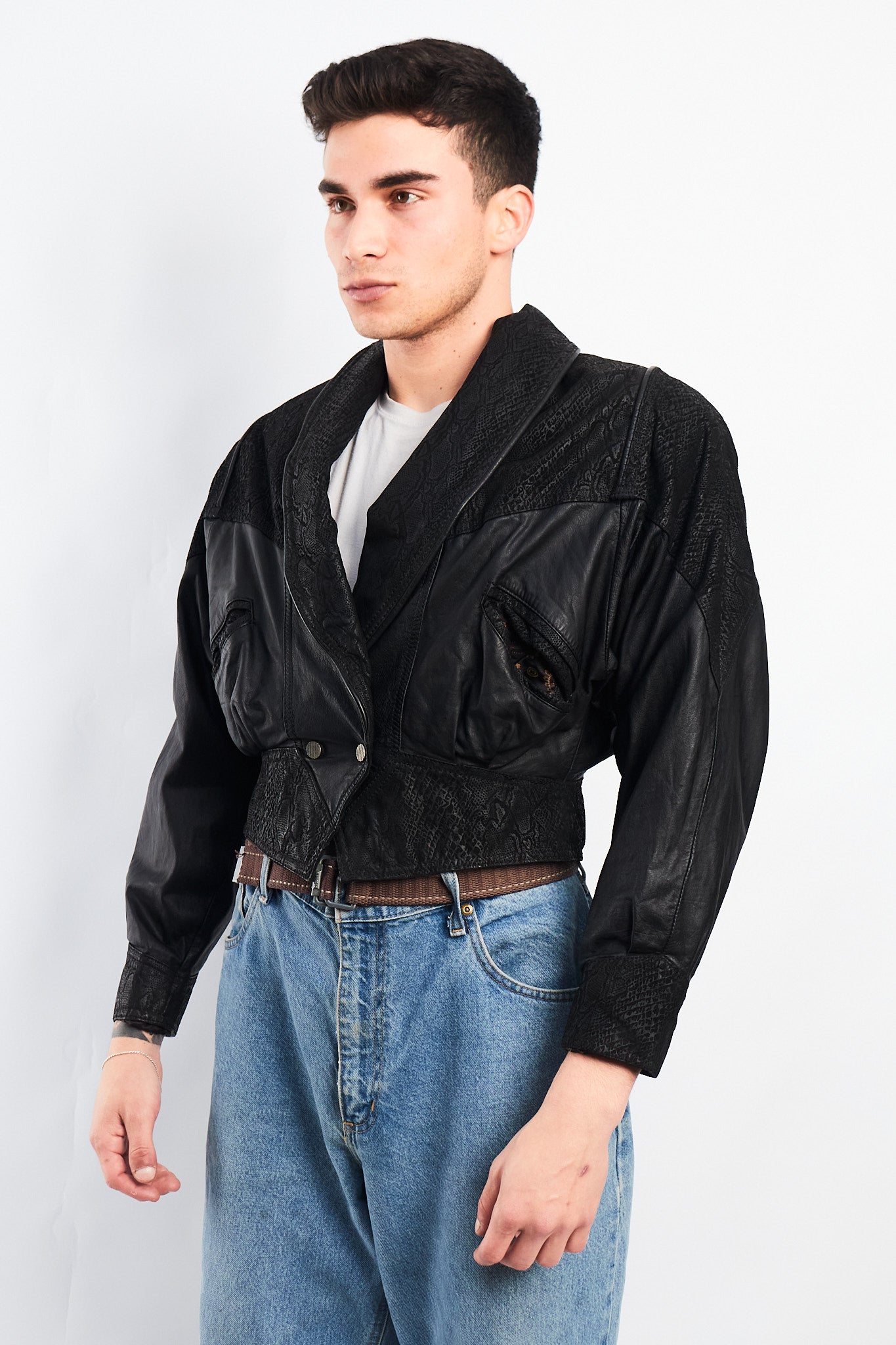 1990 Chia Leather Animal Print Crop Bomber Jacket (XS)