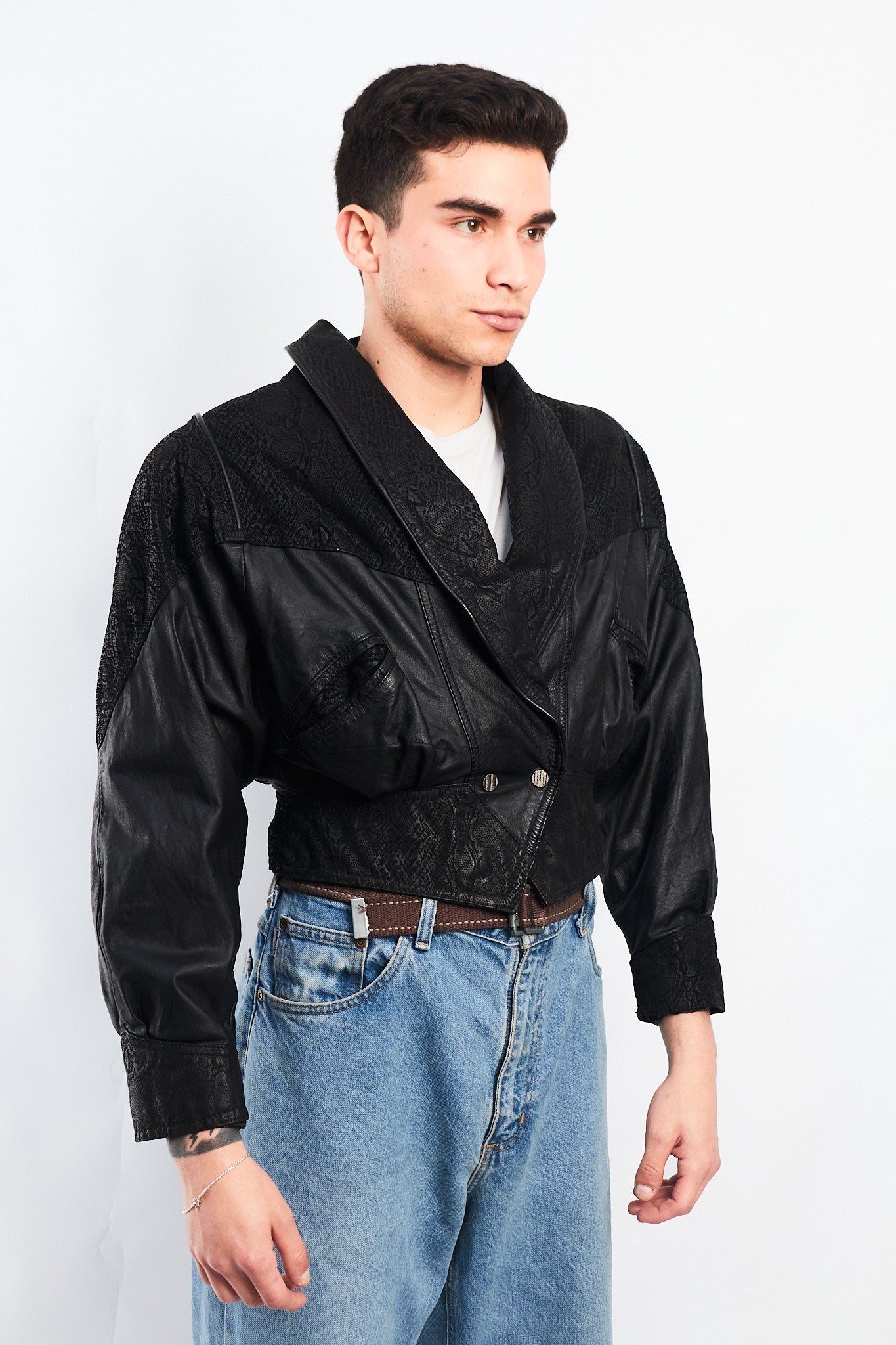 1990 Chia Leather Animal Print Crop Bomber Jacket (XS)
