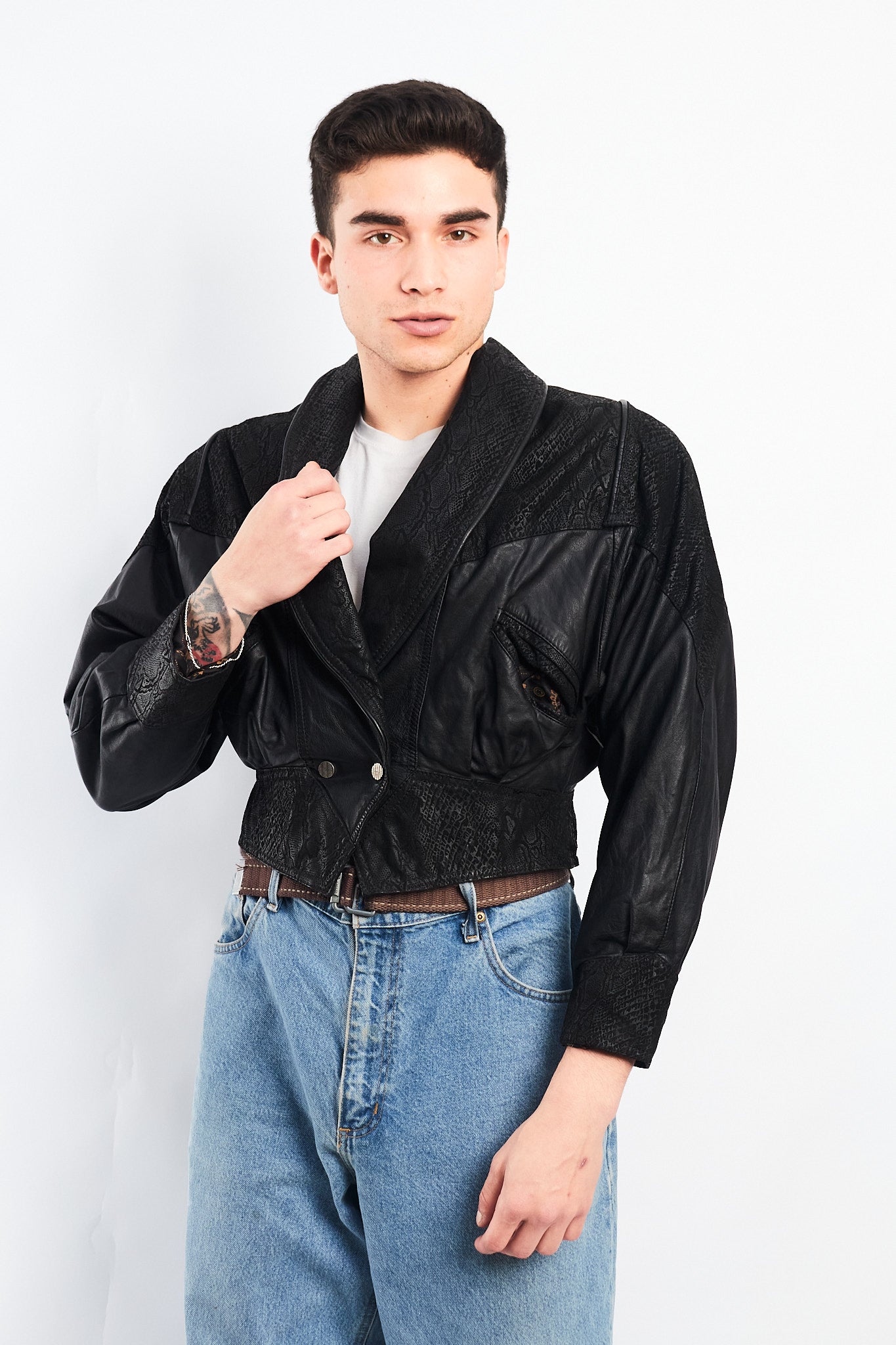 1990 Chia Leather Animal Print Crop Bomber Jacket (XS)