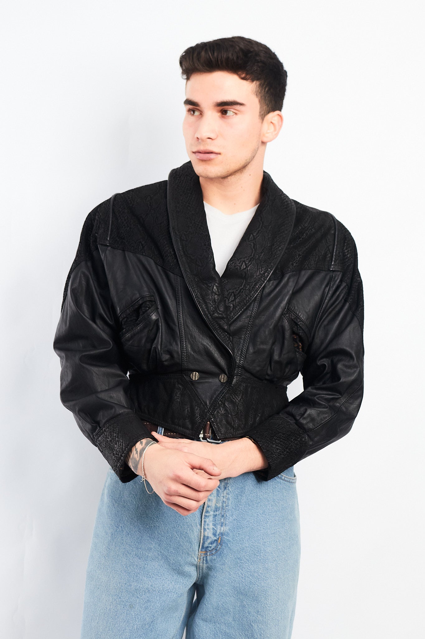 1990 Chia Leather Animal Print Crop Bomber Jacket (XS)