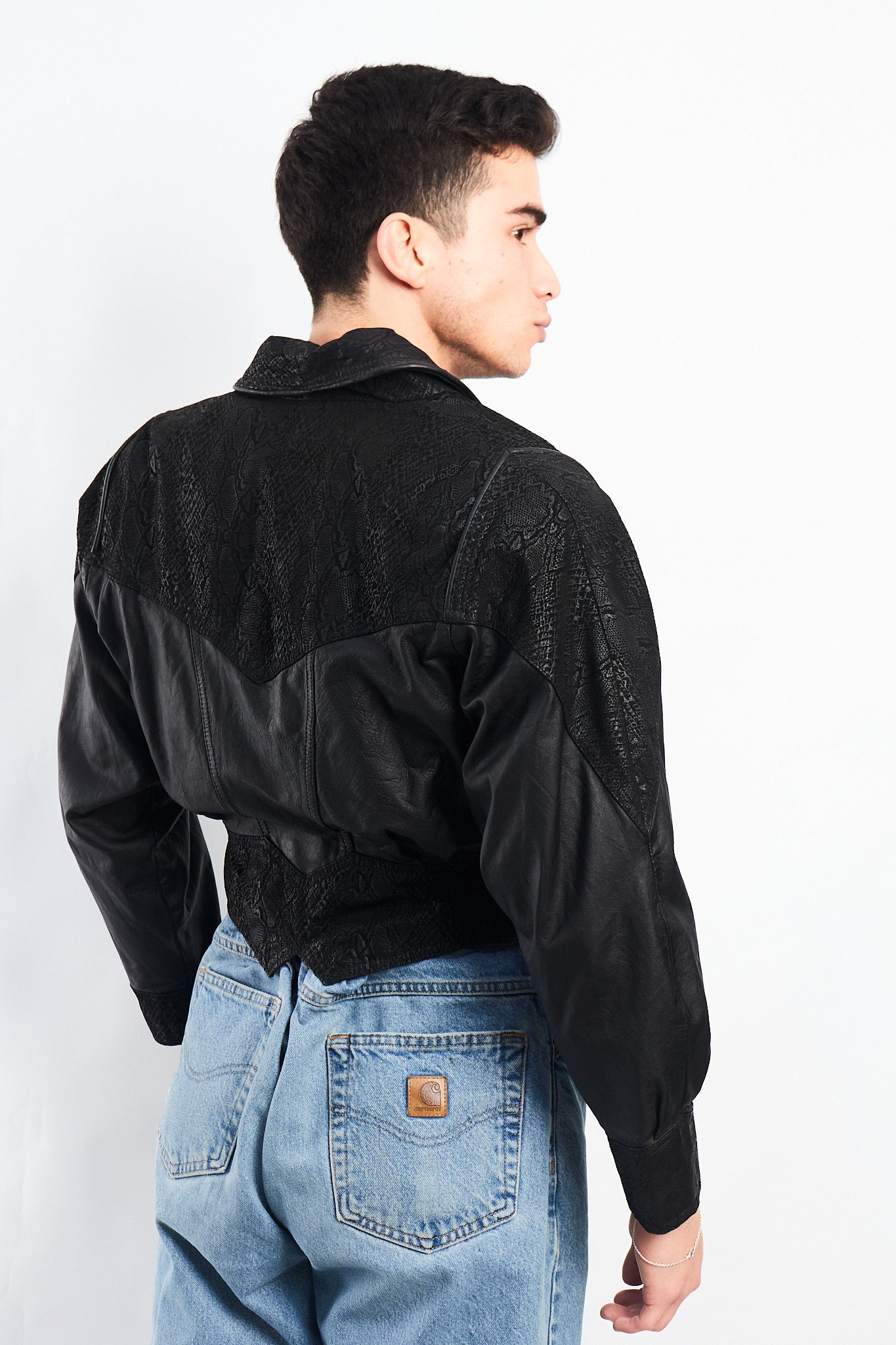 1990 Chia Leather Animal Print Crop Bomber Jacket (XS)