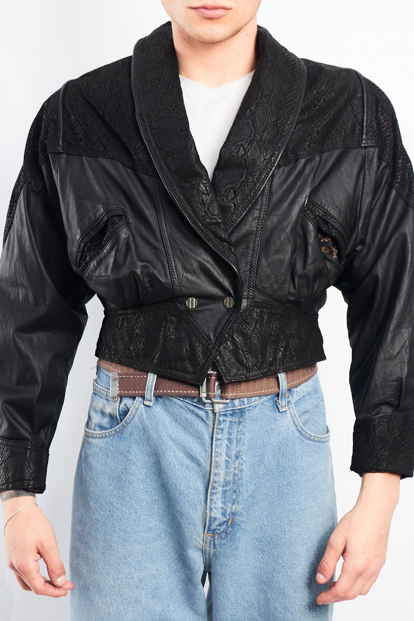 1990 Chia Leather Animal Print Crop Bomber Jacket (XS)