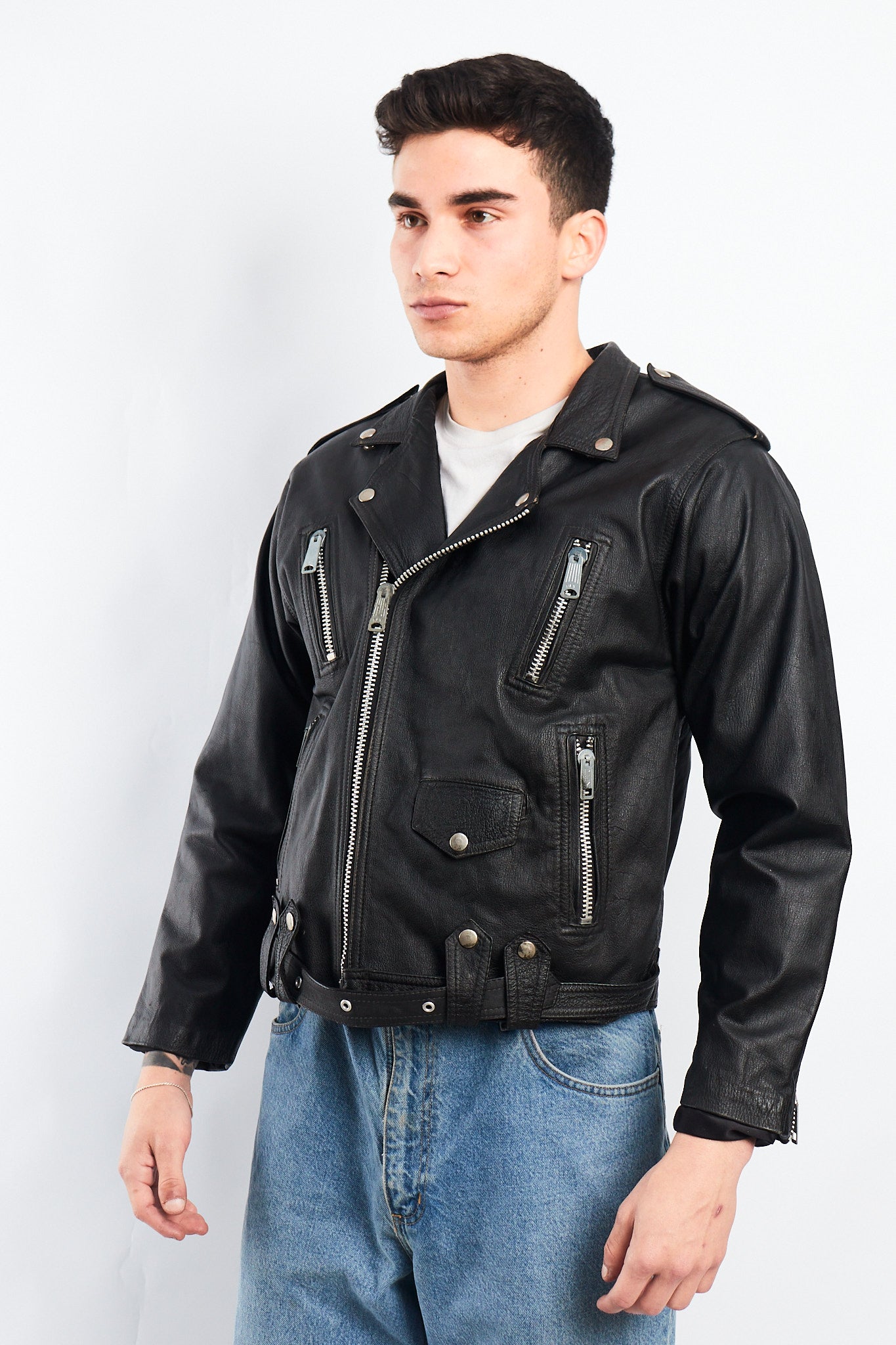 1990 Vintage Leather Biker Jacket (S/M)