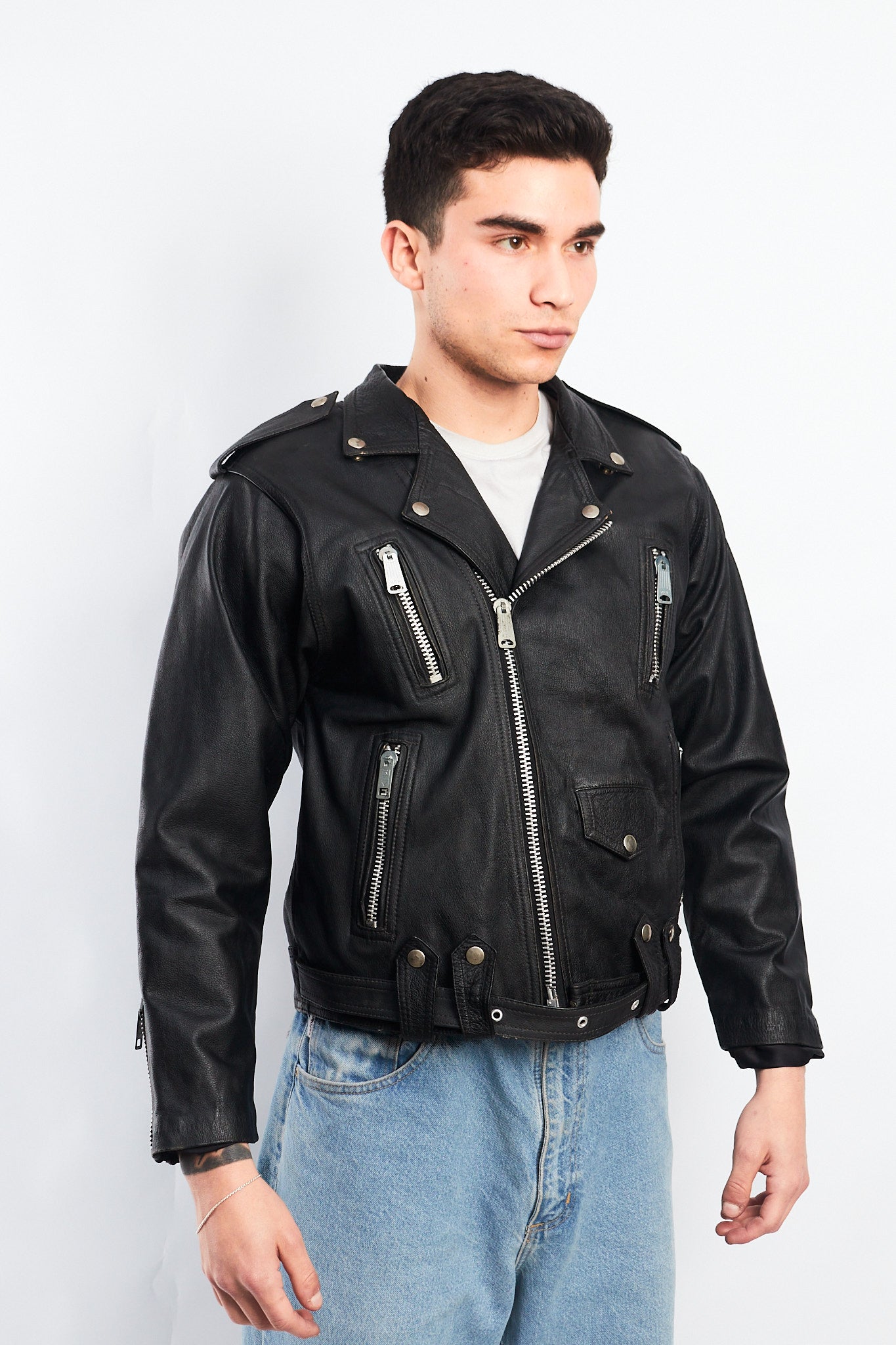1990 Vintage Leather Biker Jacket (S/M)