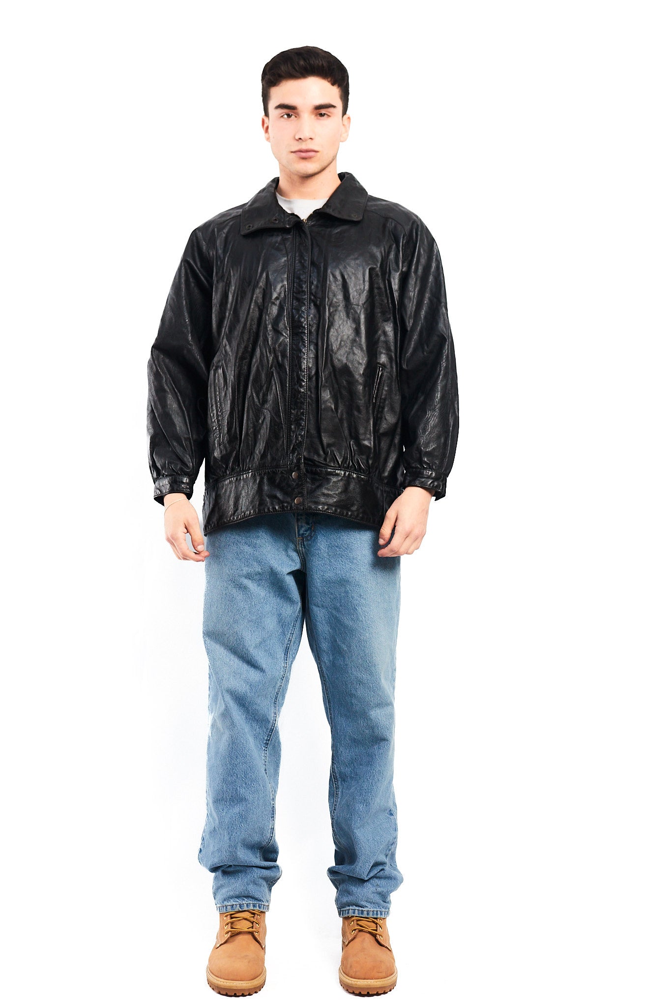1990 Vintage Waves Print Leather Bomber Jacket (M/L)