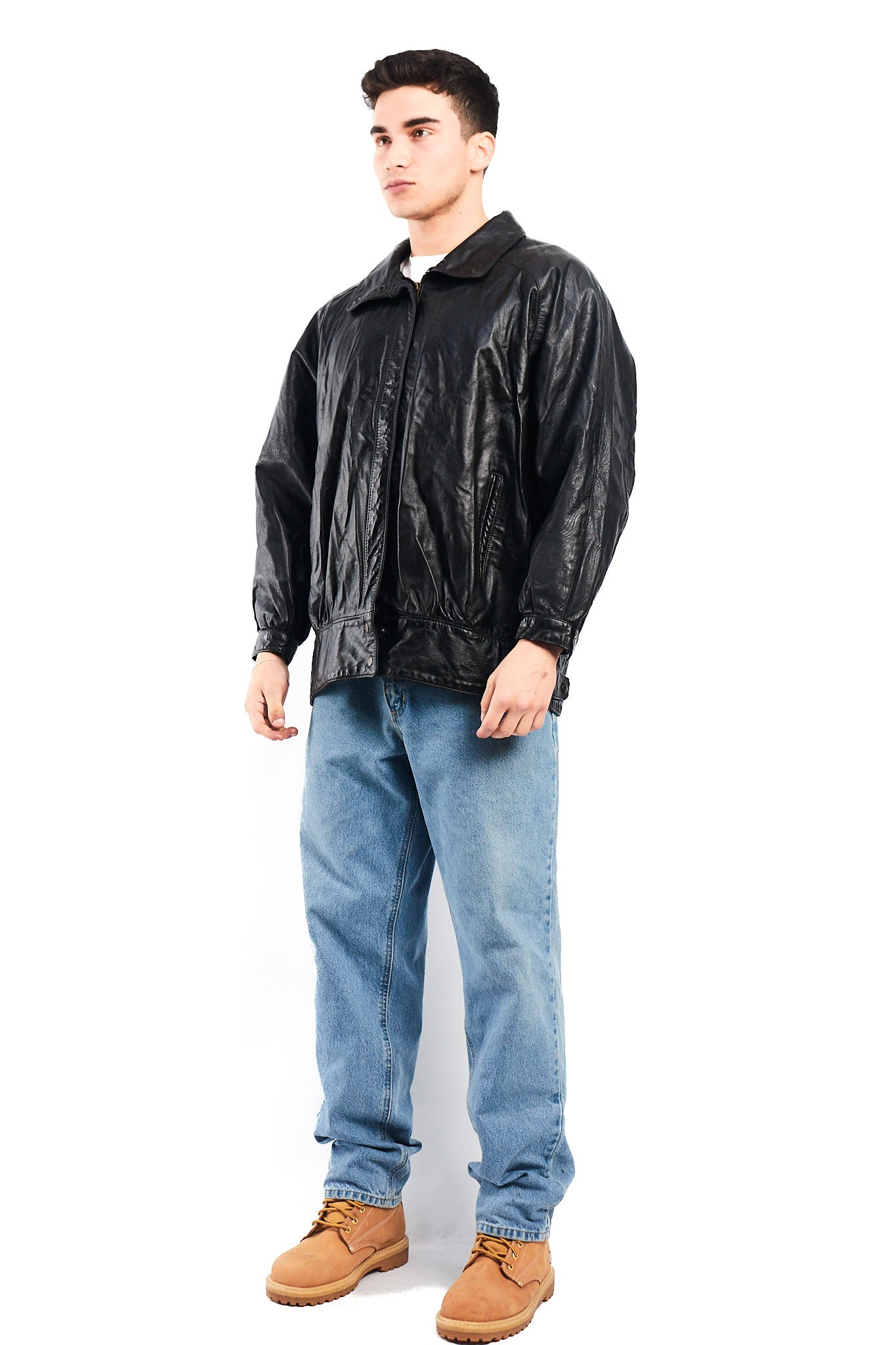 1990 Vintage Waves Print Leather Bomber Jacket (M/L)