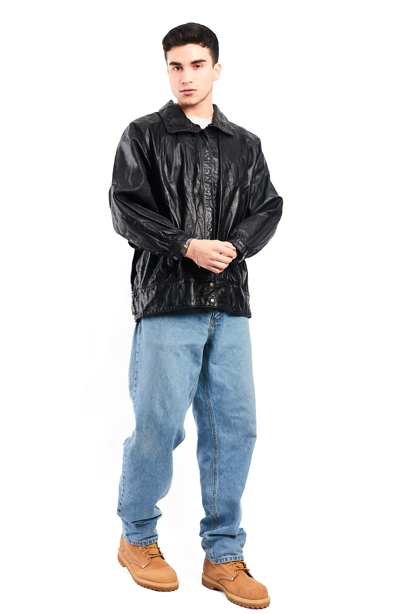 1990 Vintage Waves Print Leather Bomber Jacket (M/L)