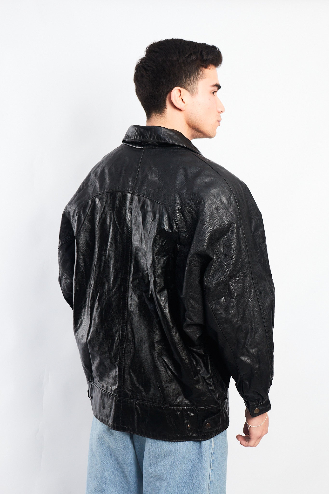 1990 Vintage Waves Print Leather Bomber Jacket (M/L)