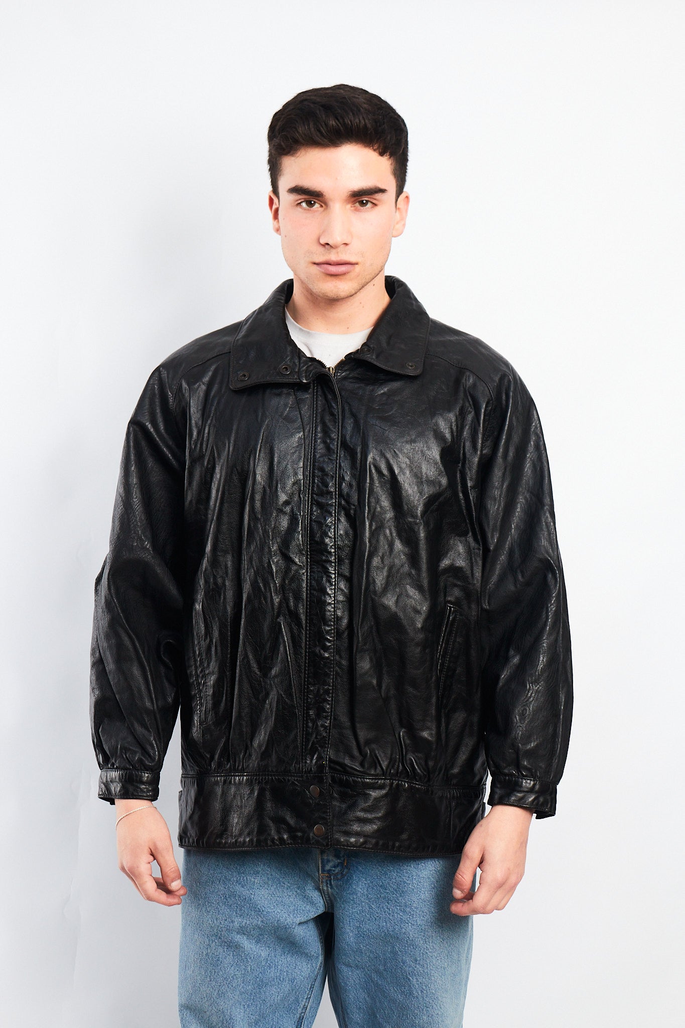 1990 Vintage Waves Print Leather Bomber Jacket (M/L)