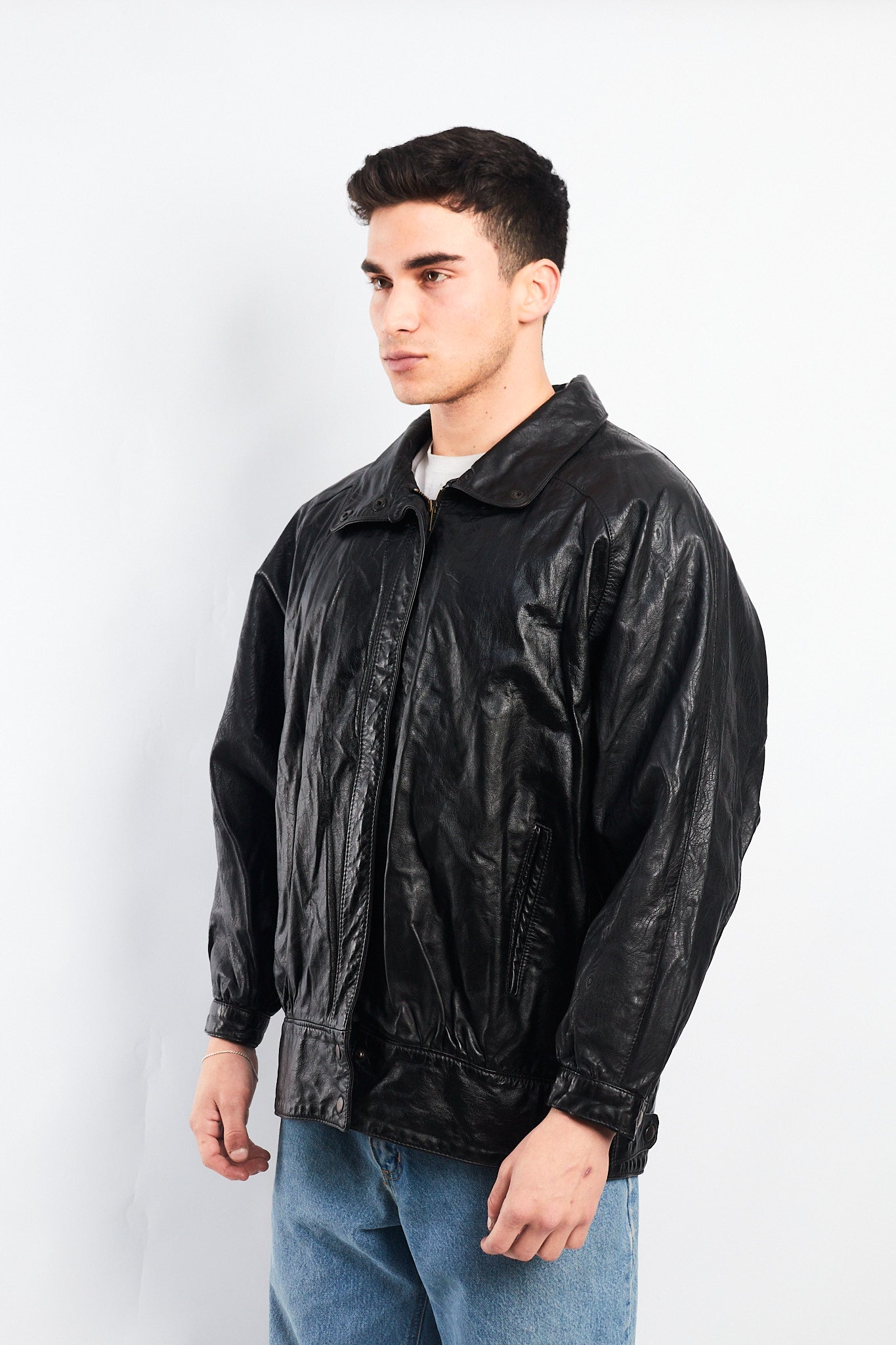 1990 Vintage Waves Print Leather Bomber Jacket (M/L)