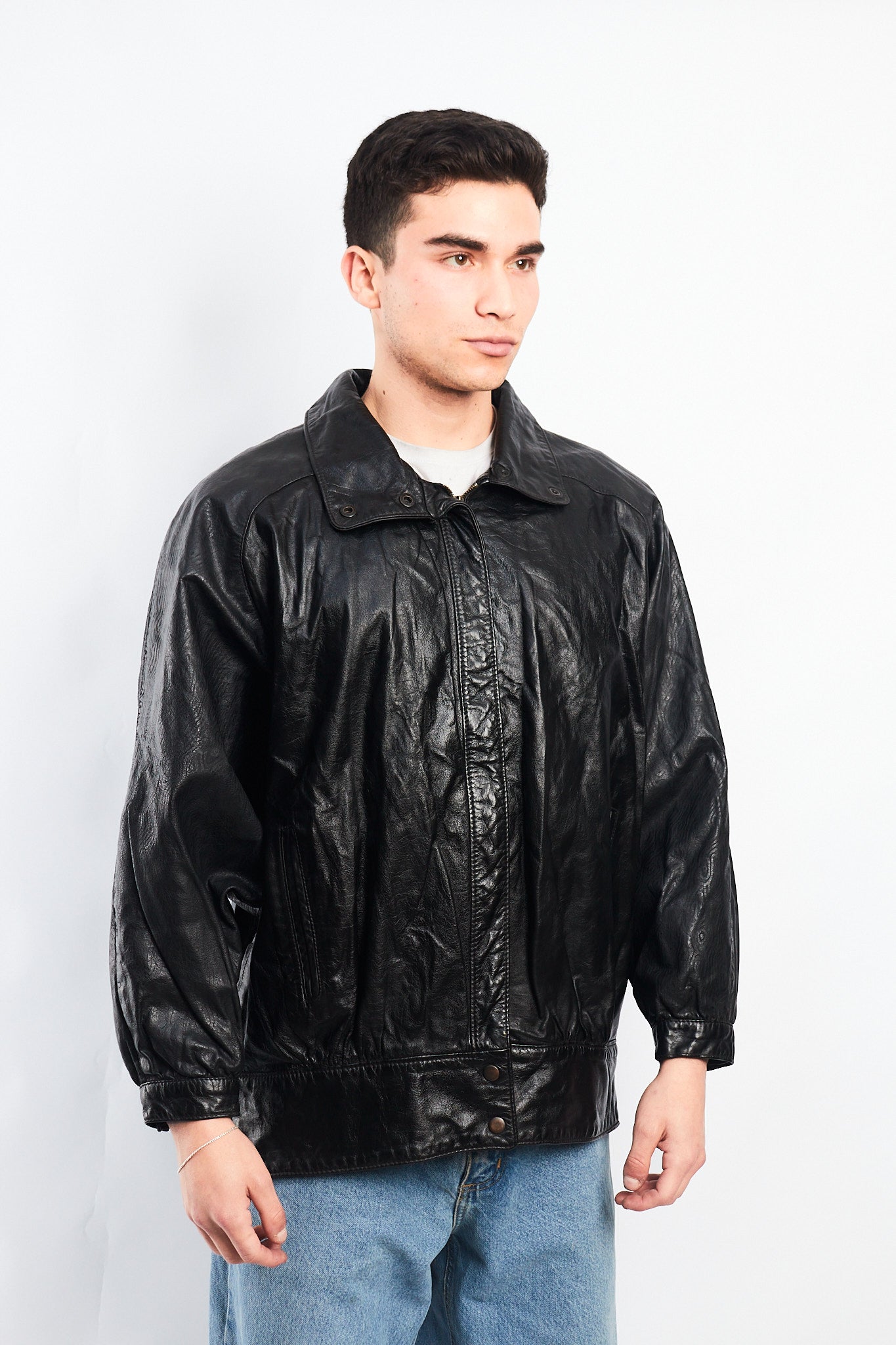 1990 Vintage Waves Print Leather Bomber Jacket (M/L)