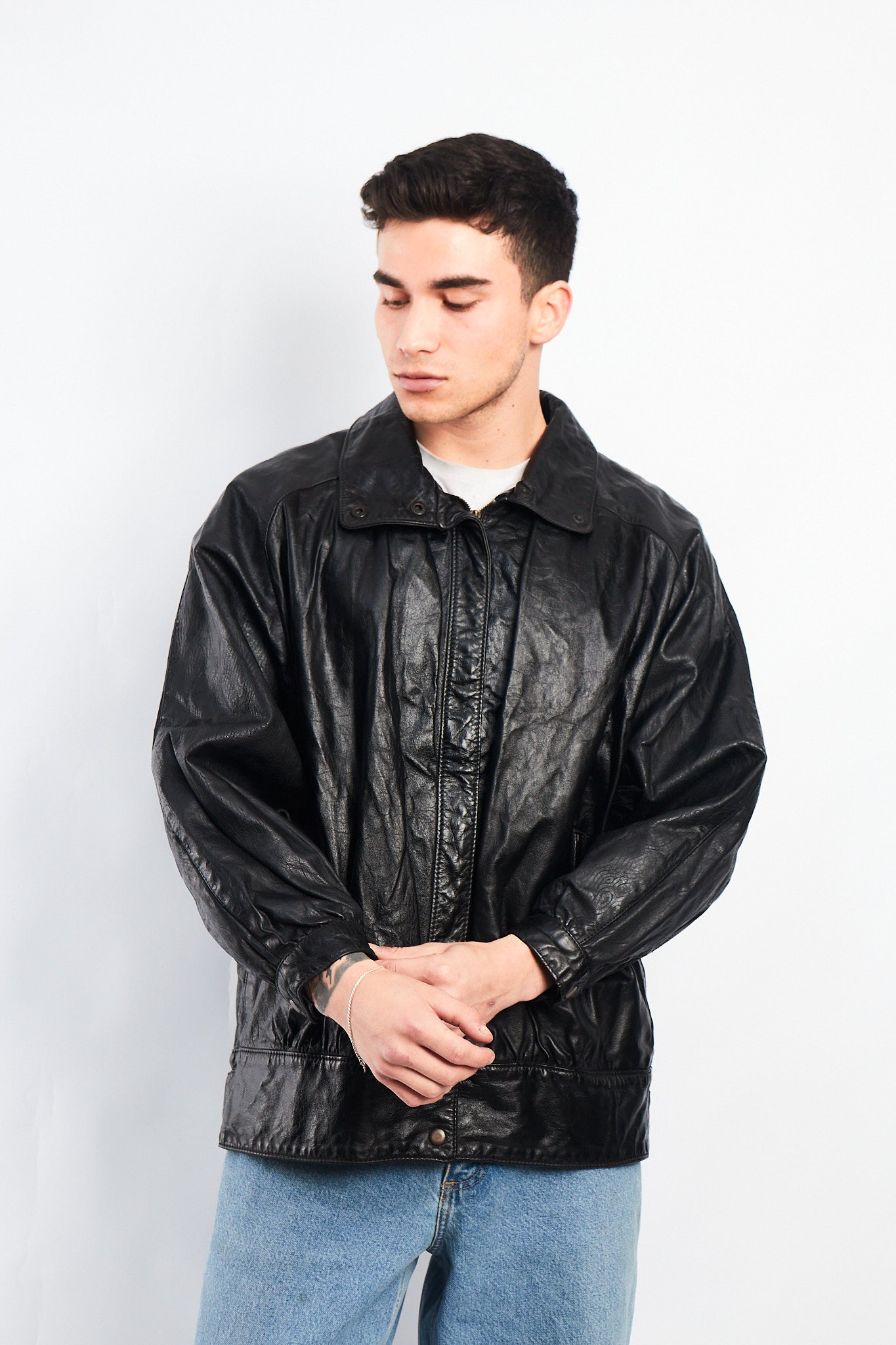 1990 Vintage Waves Print Leather Bomber Jacket (M/L)