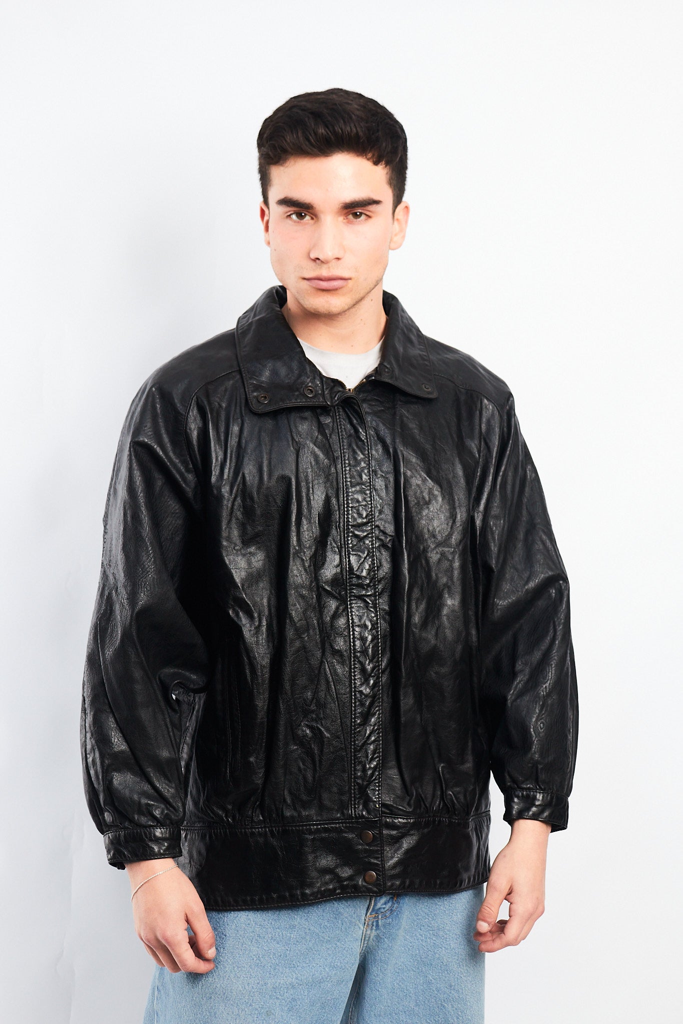 1990 Vintage Waves Print Leather Bomber Jacket (M/L)