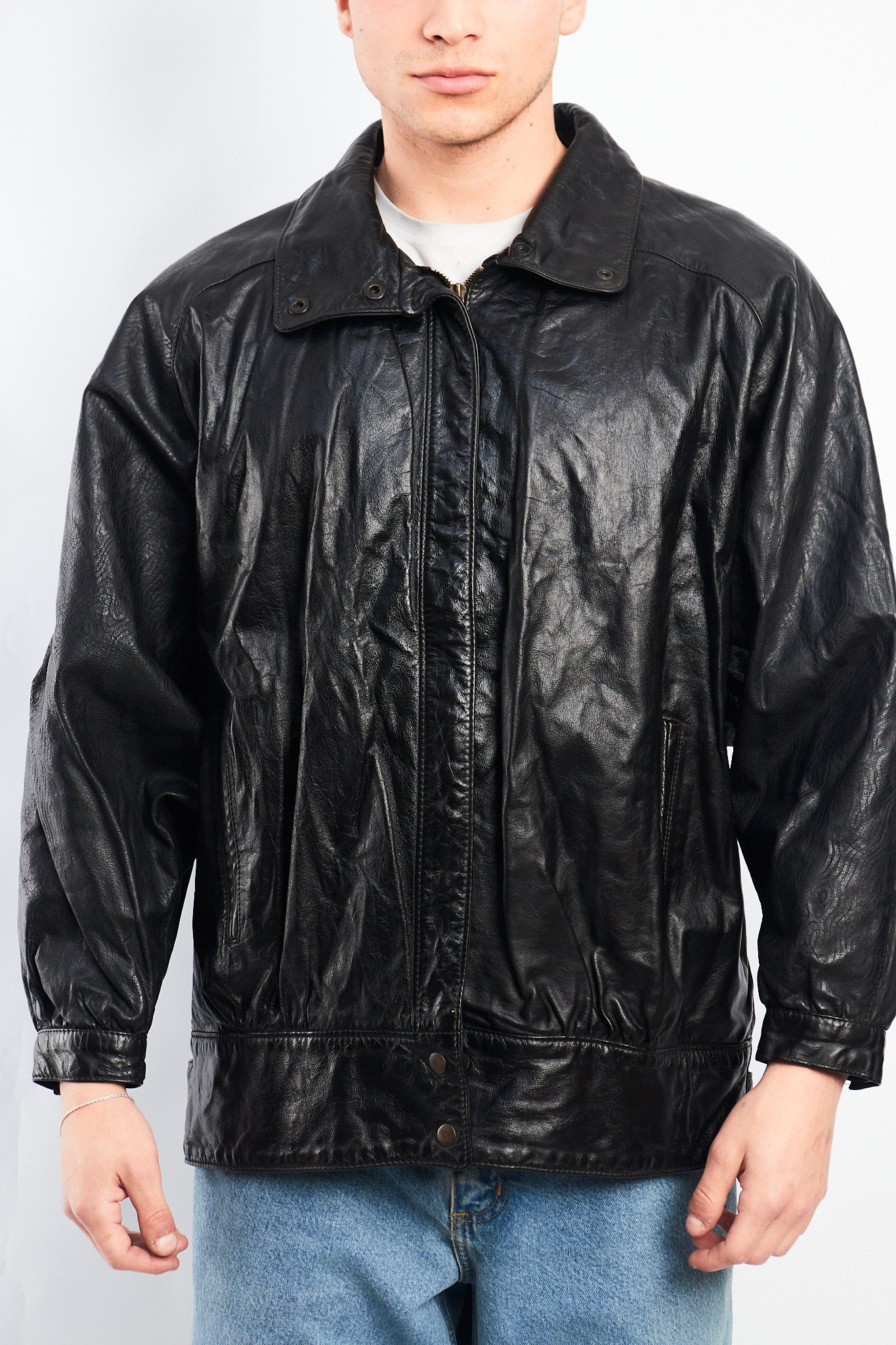 1990 Vintage Waves Print Leather Bomber Jacket (M/L)