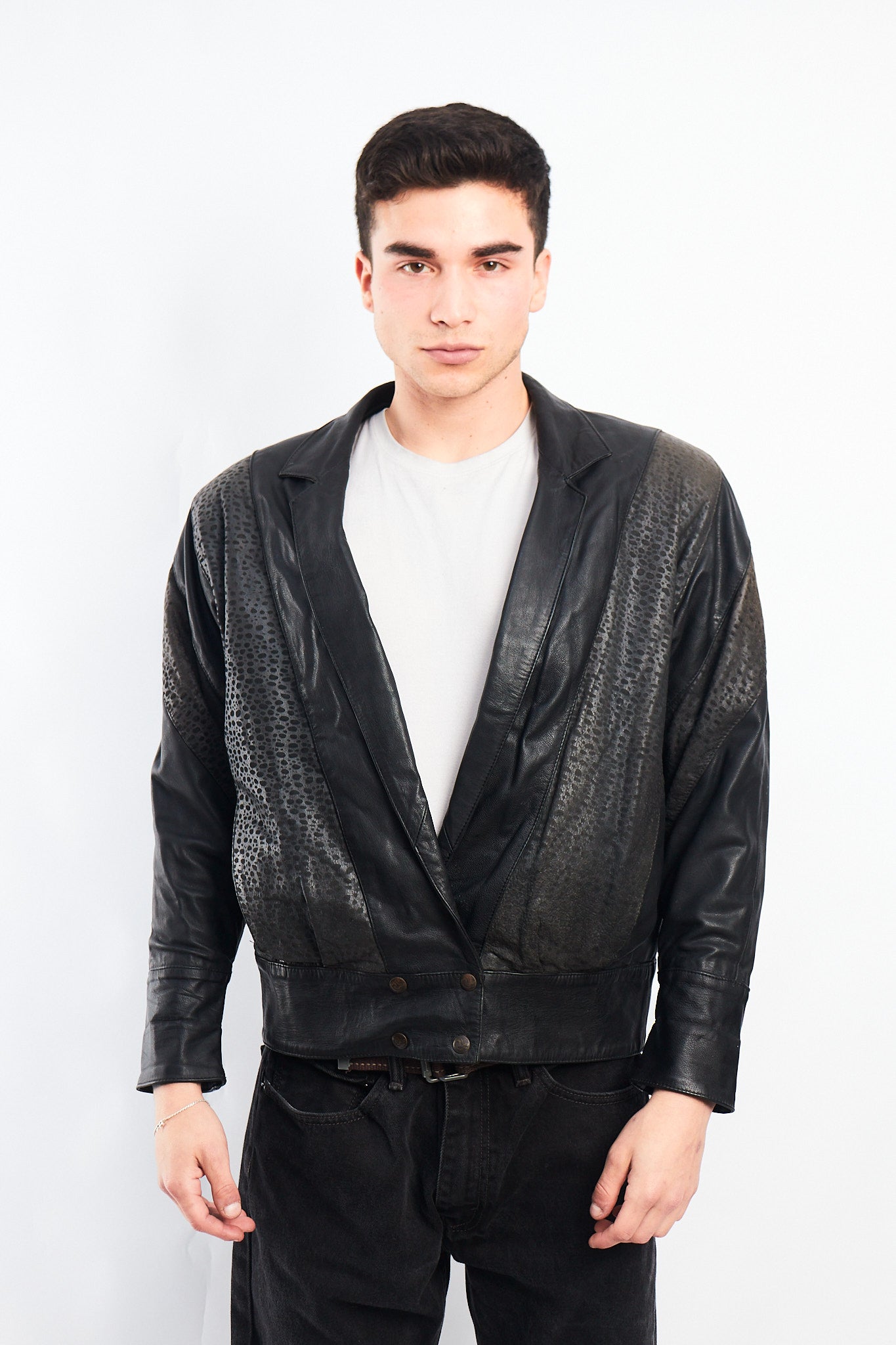 1993 Vintage Renzo Costa Animal Print Leather Bomber Jacket (S/M)