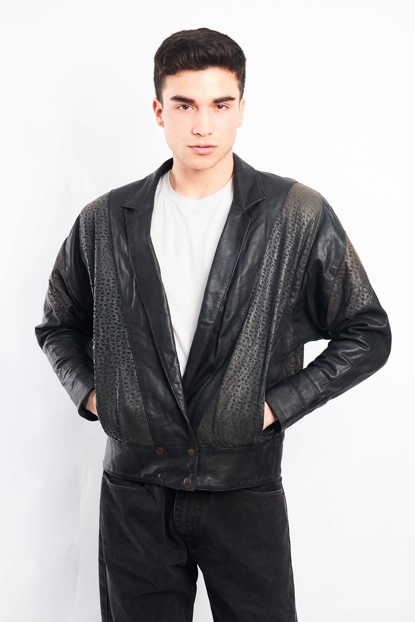 1993 Vintage Renzo Costa Animal Print Leather Bomber Jacket (S/M)