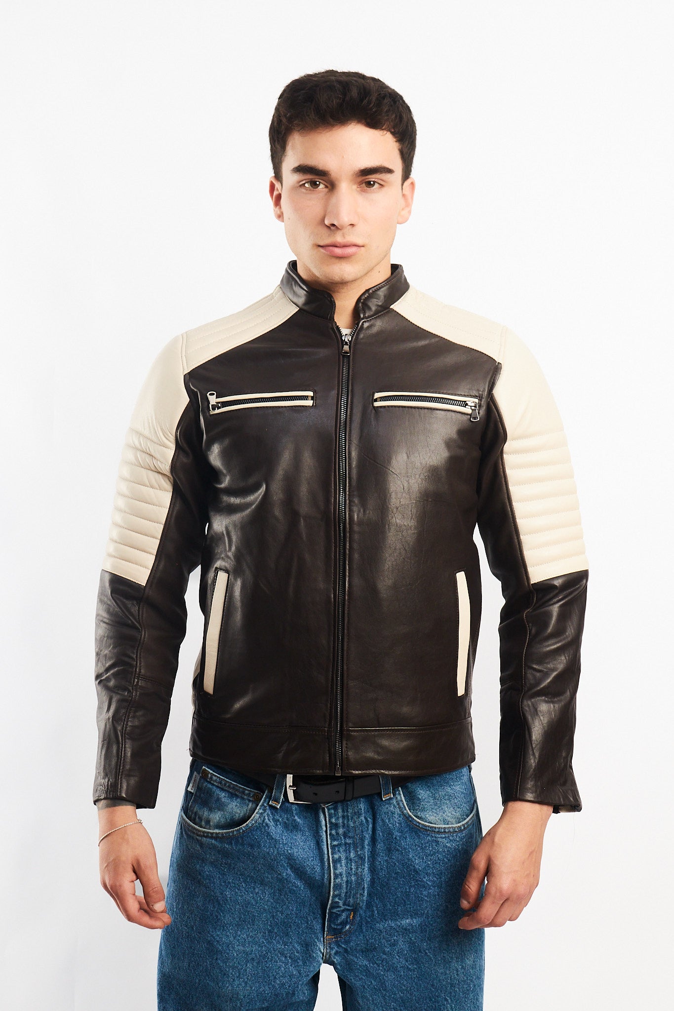 Genuine Leather Moto Cafe Racer Jacket (S/M)