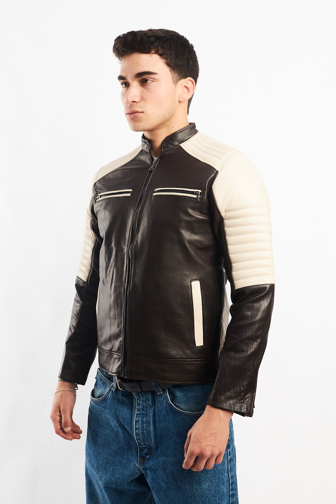 Genuine Leather Moto Cafe Racer Jacket (S/M)