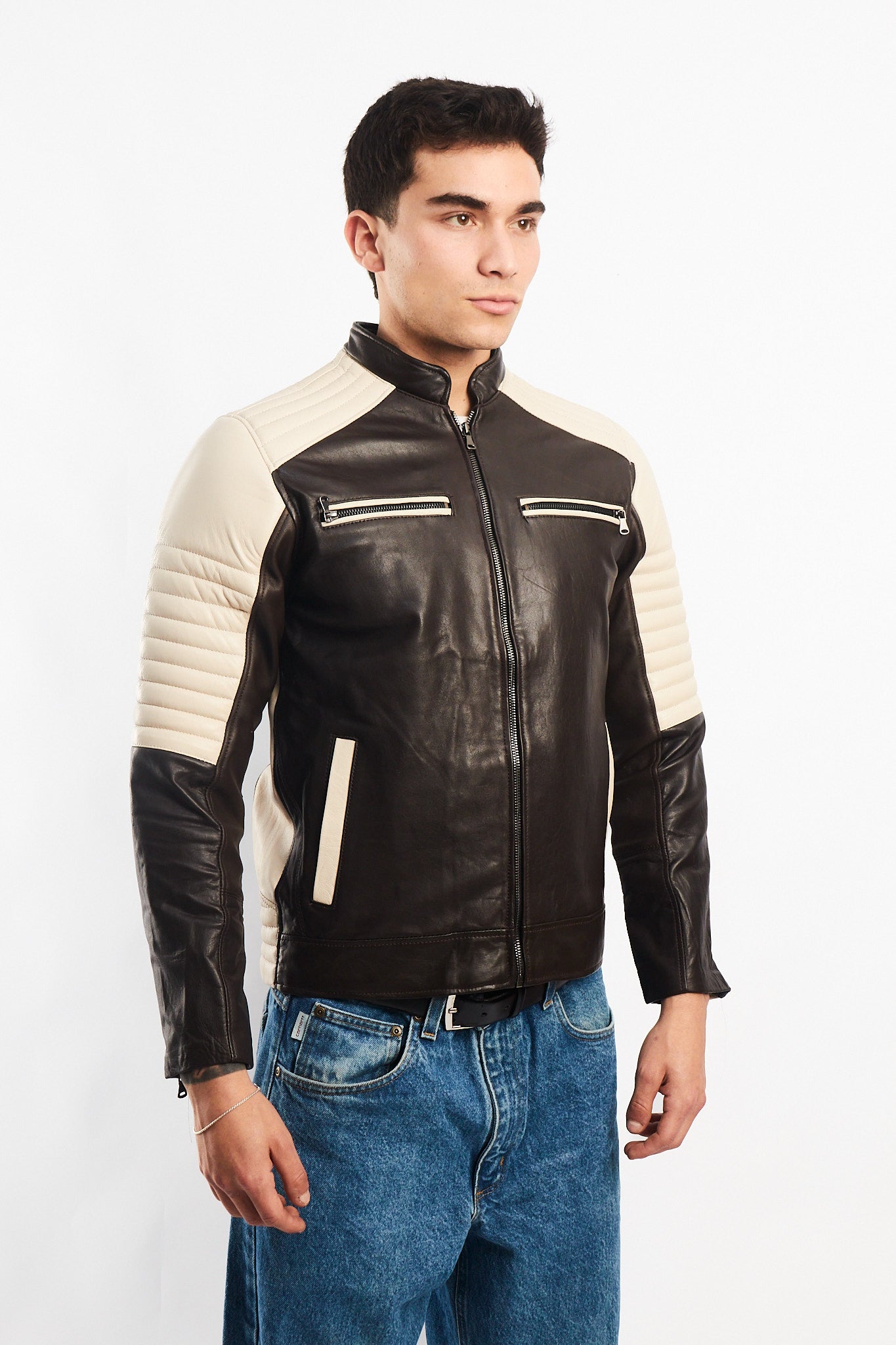 Genuine Leather Moto Cafe Racer Jacket (S/M)