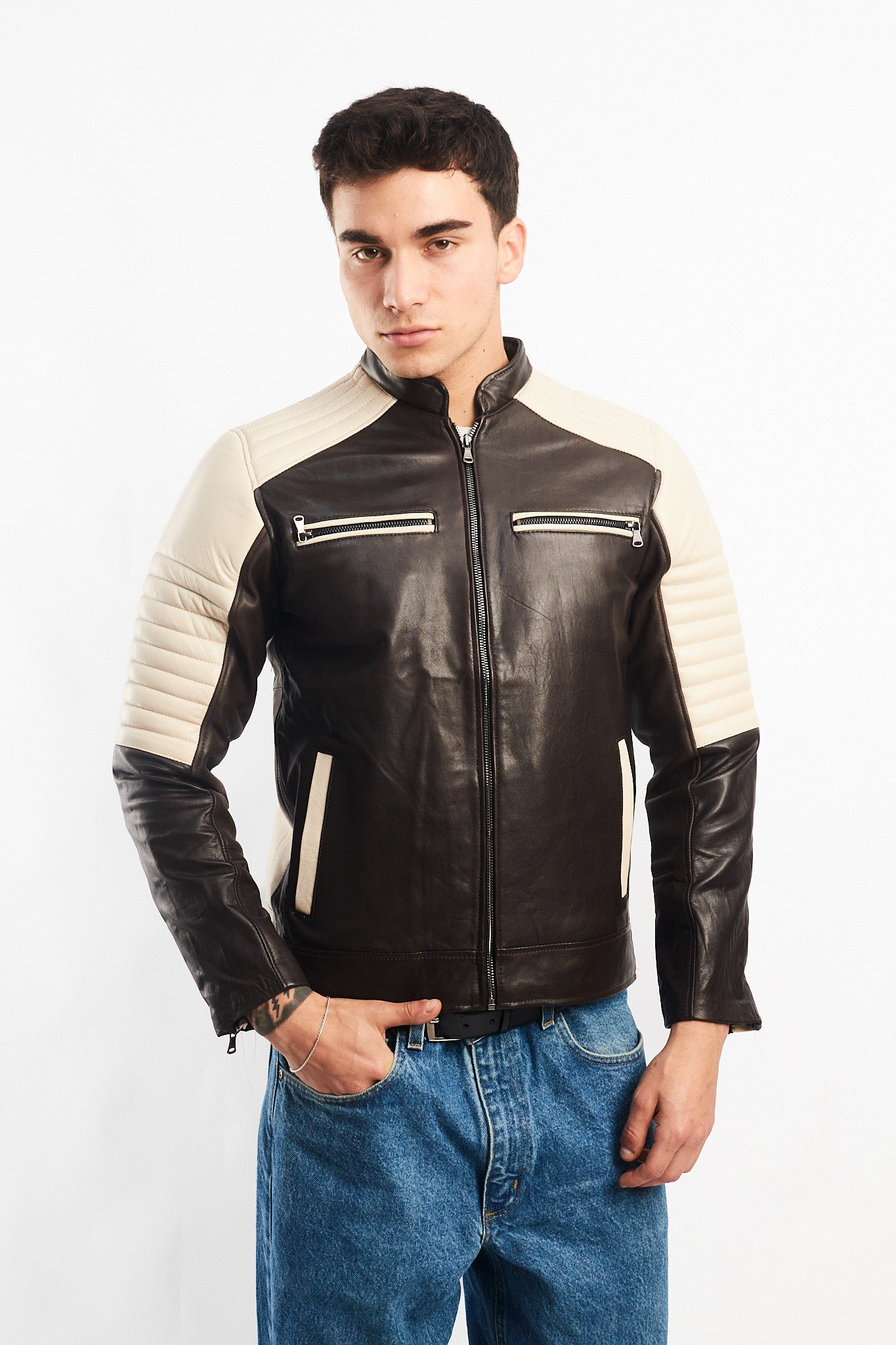 Genuine Leather Moto Cafe Racer Jacket (S/M)