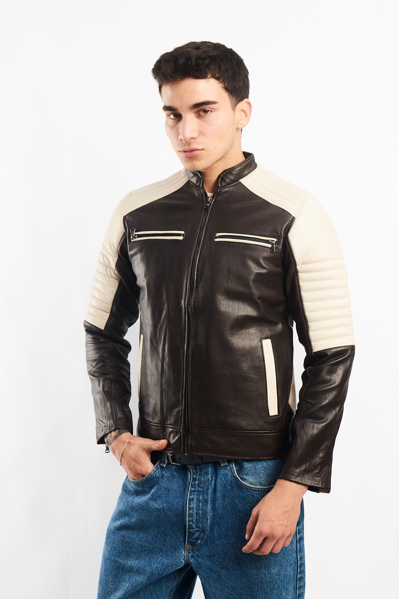 Genuine Leather Moto Cafe Racer Jacket (S/M)