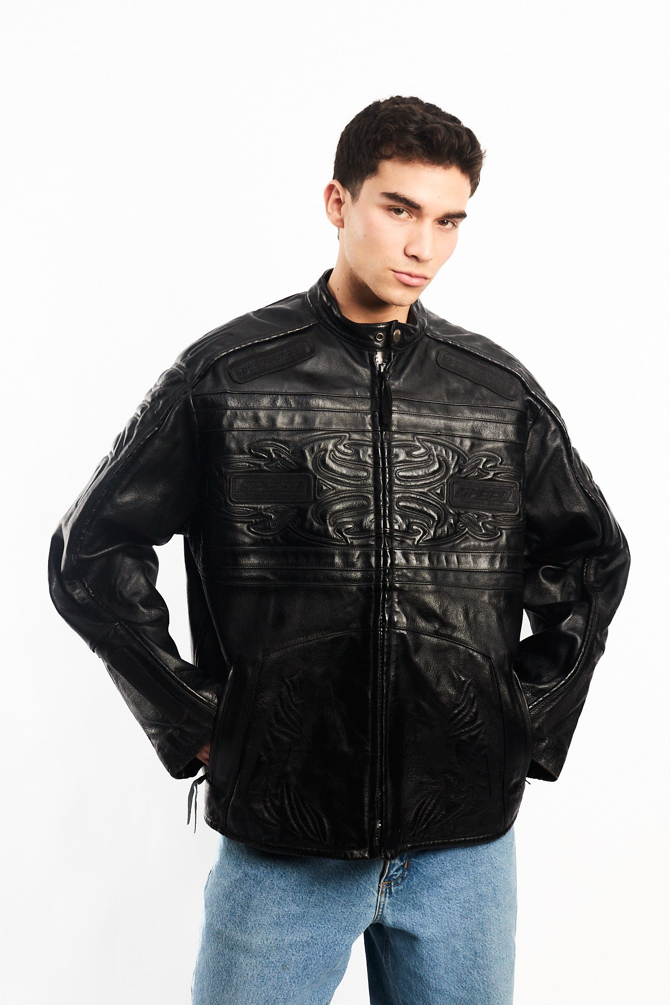 Vintage Max USA Flame Motocross Leather Jacket (L/XL)