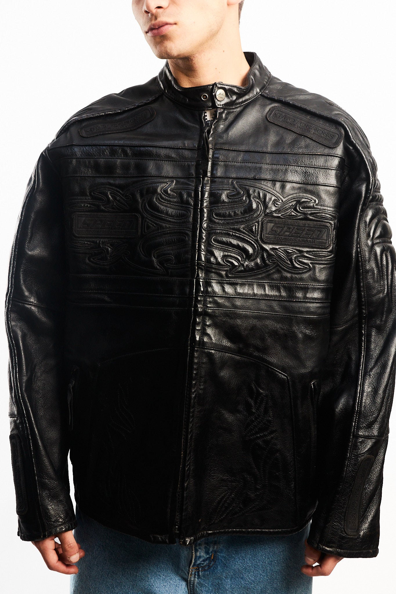 Vintage Max USA Flame Motocross Leather Jacket (L/XL)