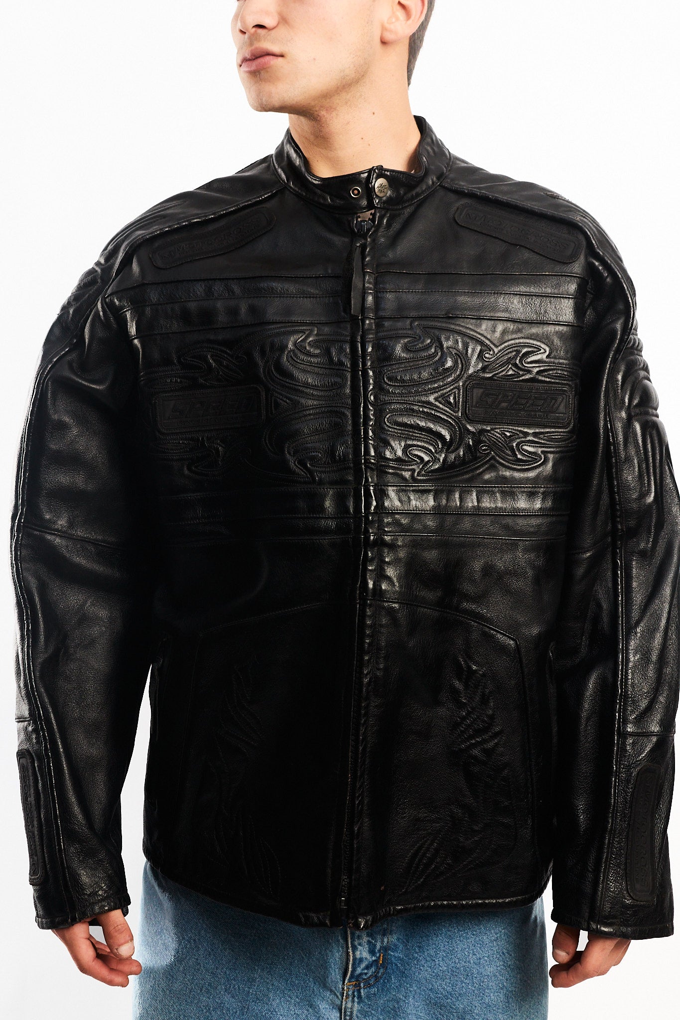 Vintage Max USA Flame Motocross Leather Jacket (L/XL)