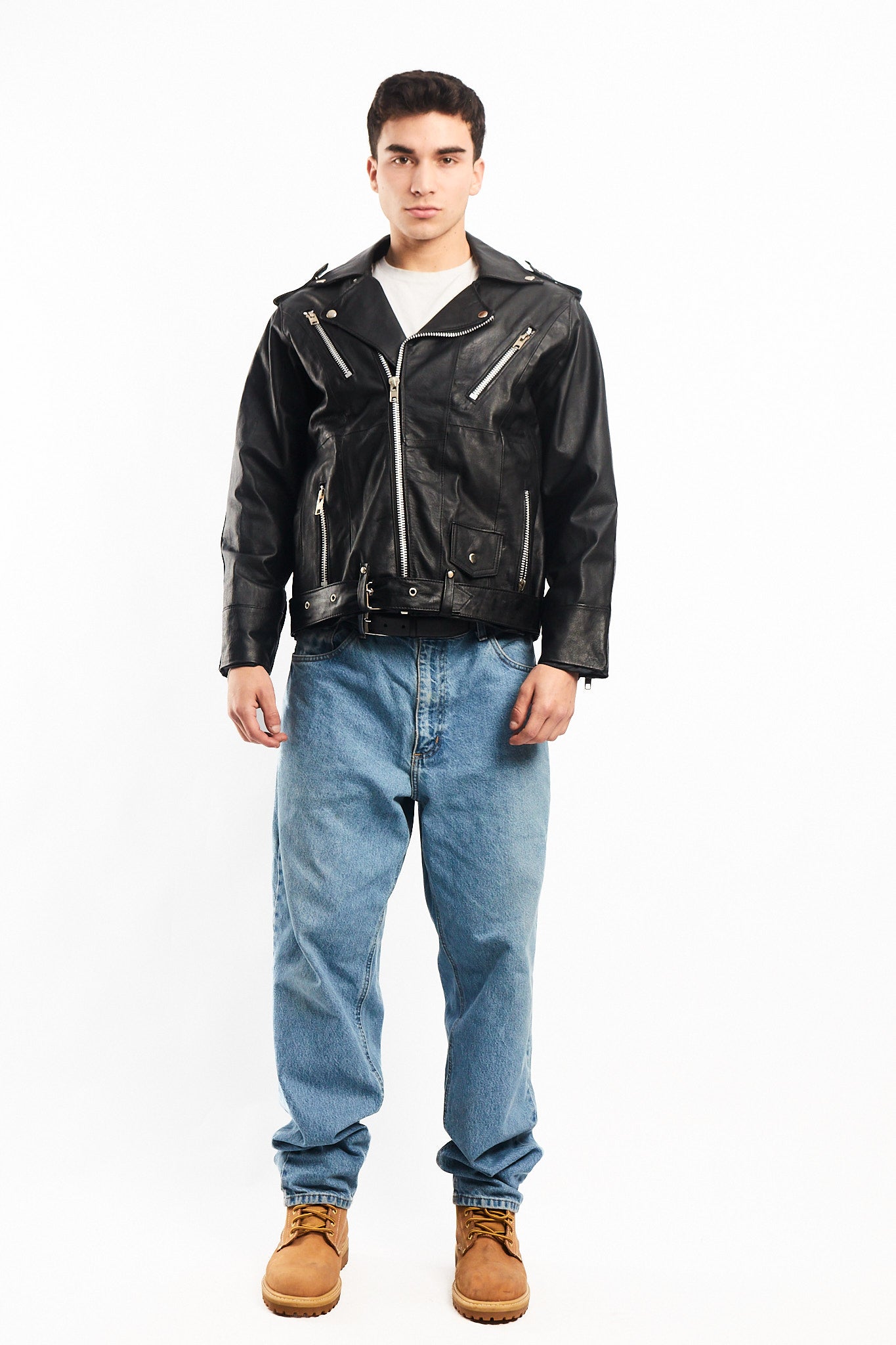 Vintage Tennis Black Leather Biker Jacket (M/L)