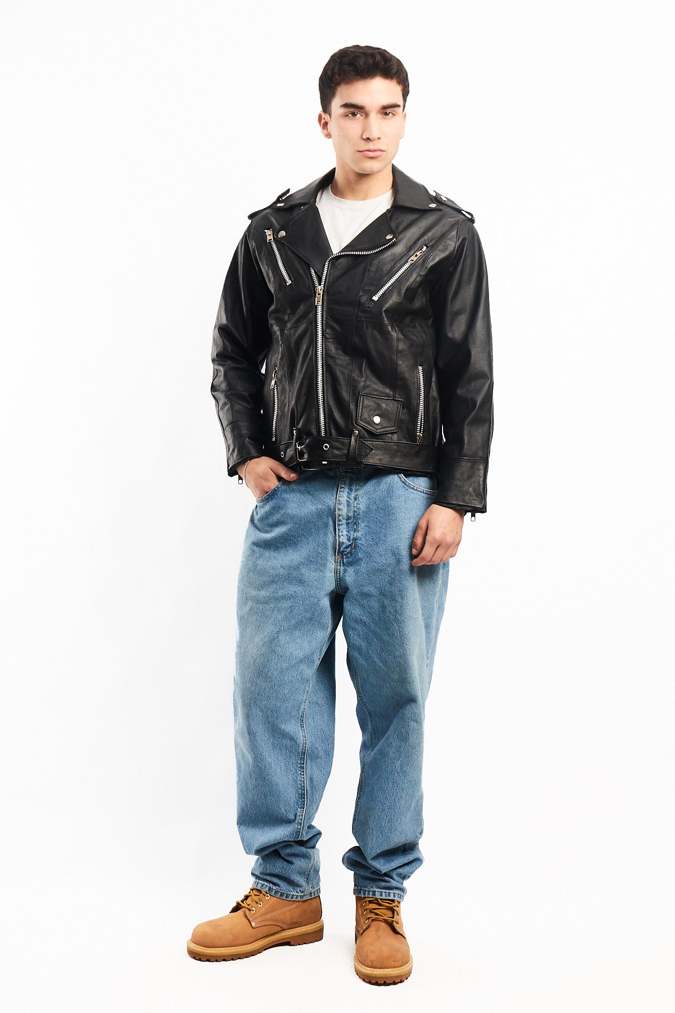 Vintage Tennis Black Leather Biker Jacket (M/L)